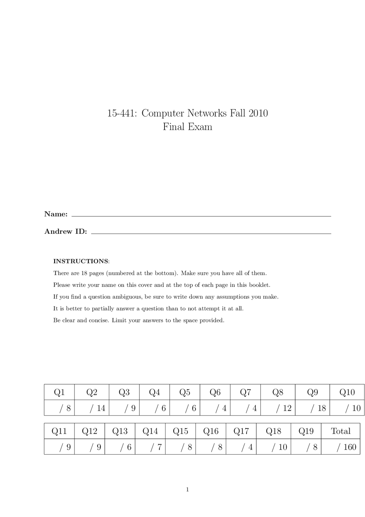 15-441: Computer Networks Fall 2010 Final Exam | Lecture notes Computer ...