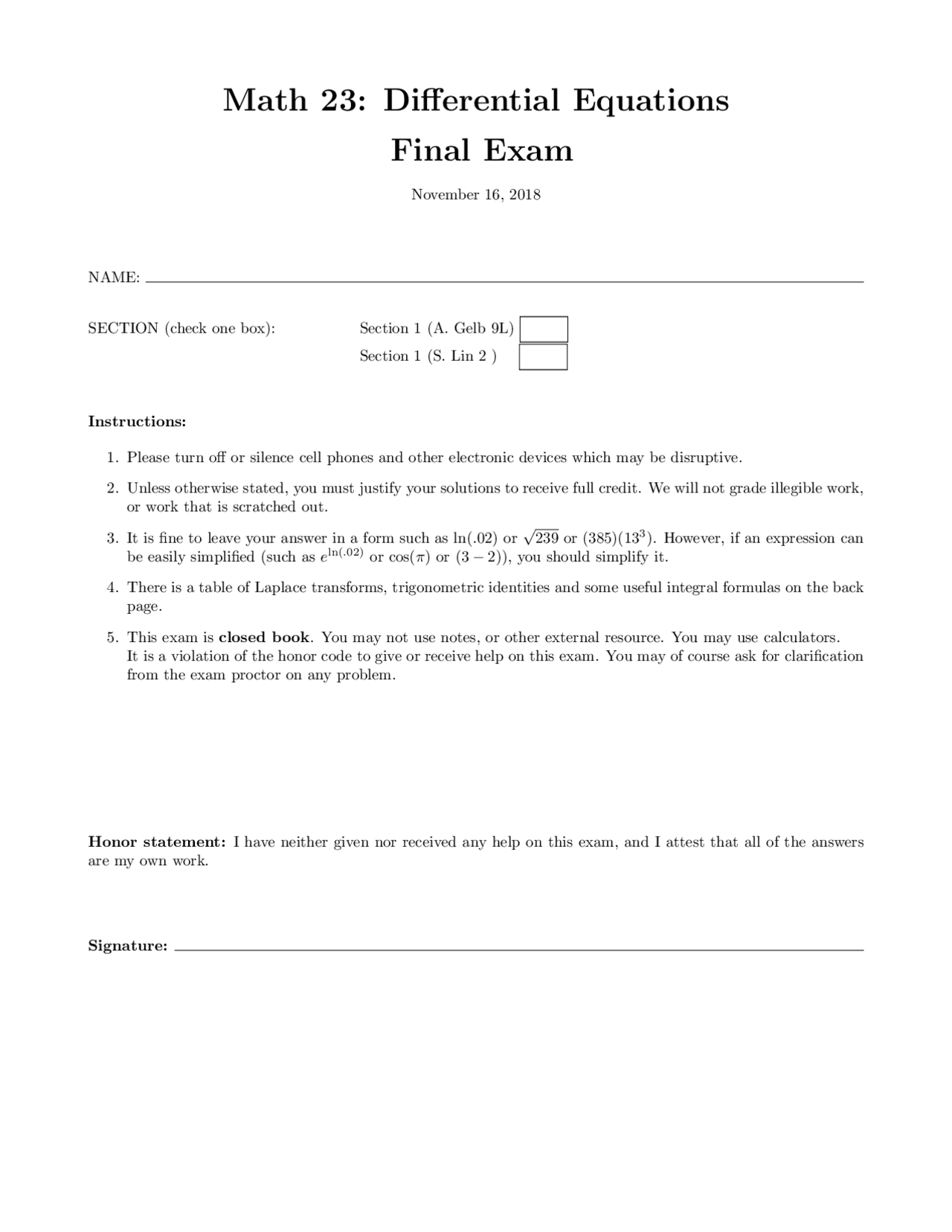 Math 23 Differential Equations Final Exam Exams Differential