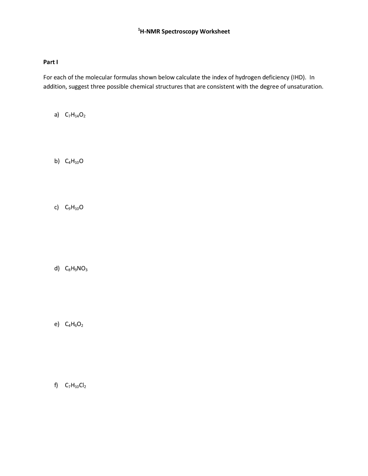 1H-NMR Spectroscopy Worksheet | Study notes Chemistry | Docsity
