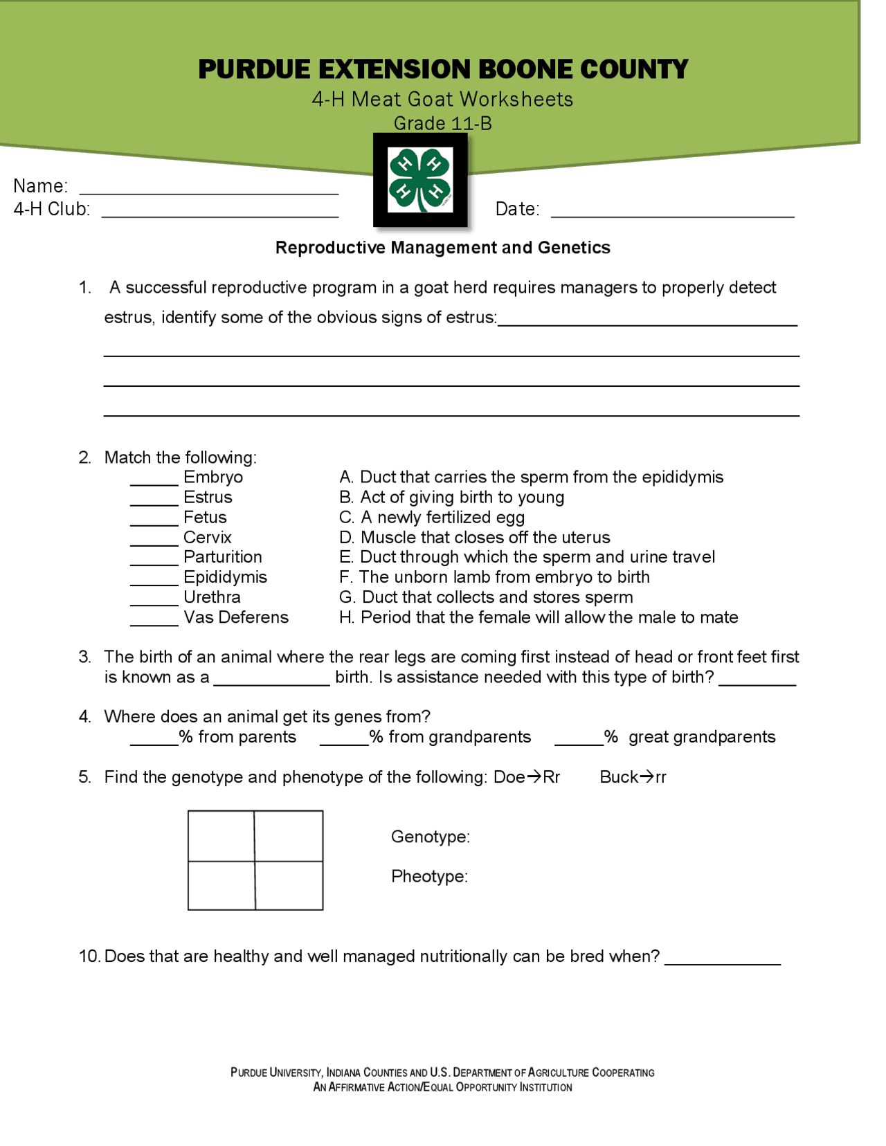 4H Meat Goat Worksheets for Grade 11B Exercises Biology Docsity