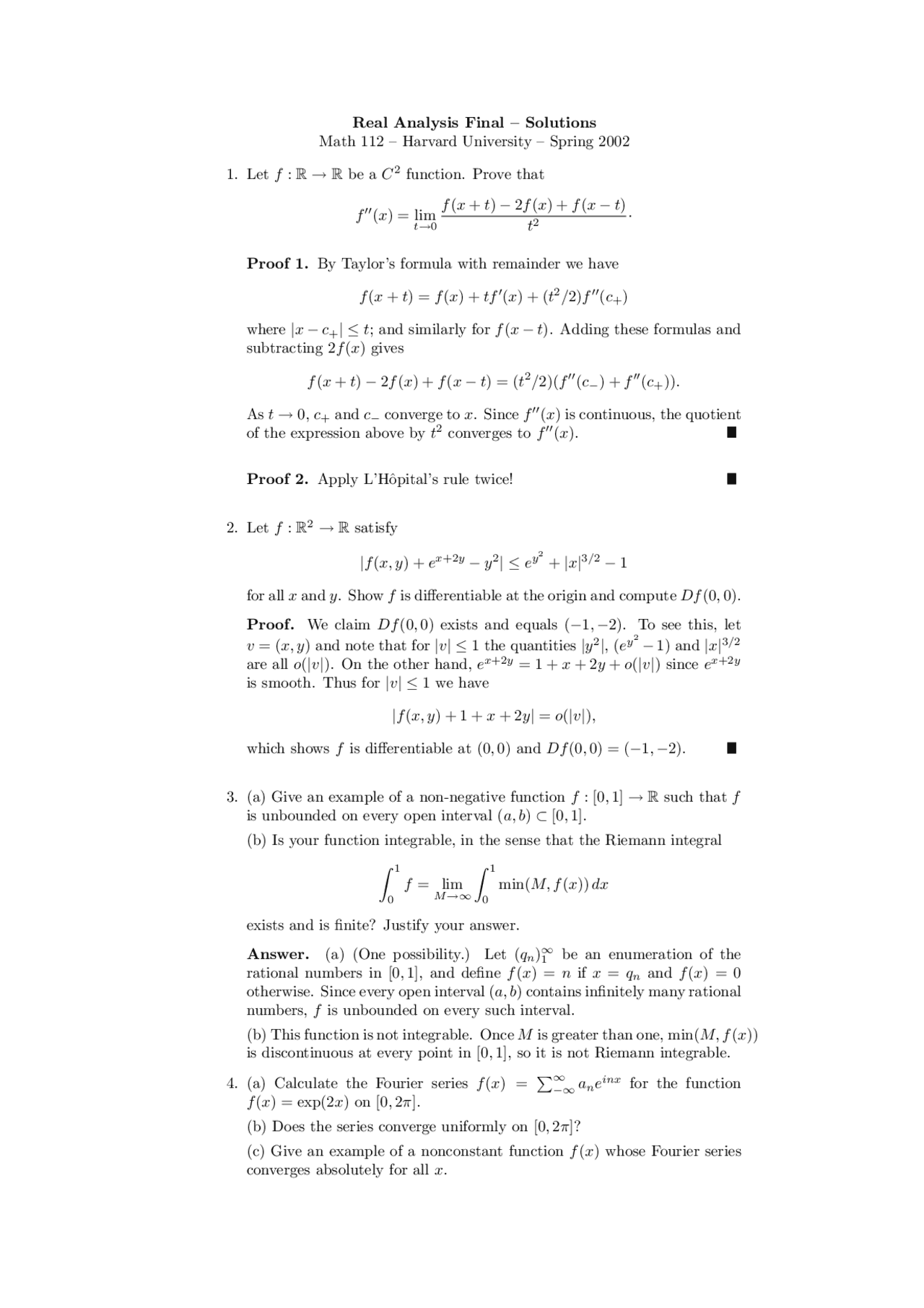 Real Analysis Final – Solutions | Study notes Calculus | Docsity