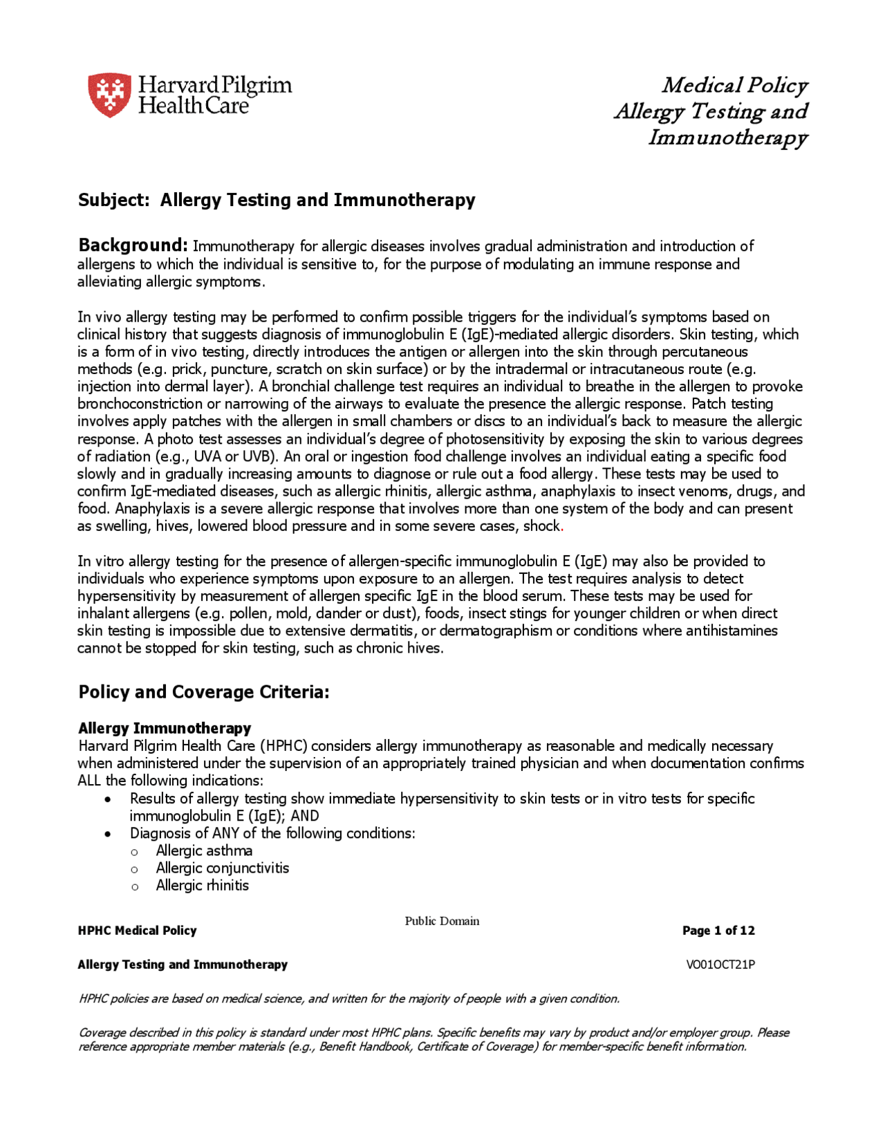 Medical Policy Allergy Testing and Immunotherapy | Exams Immunology ...