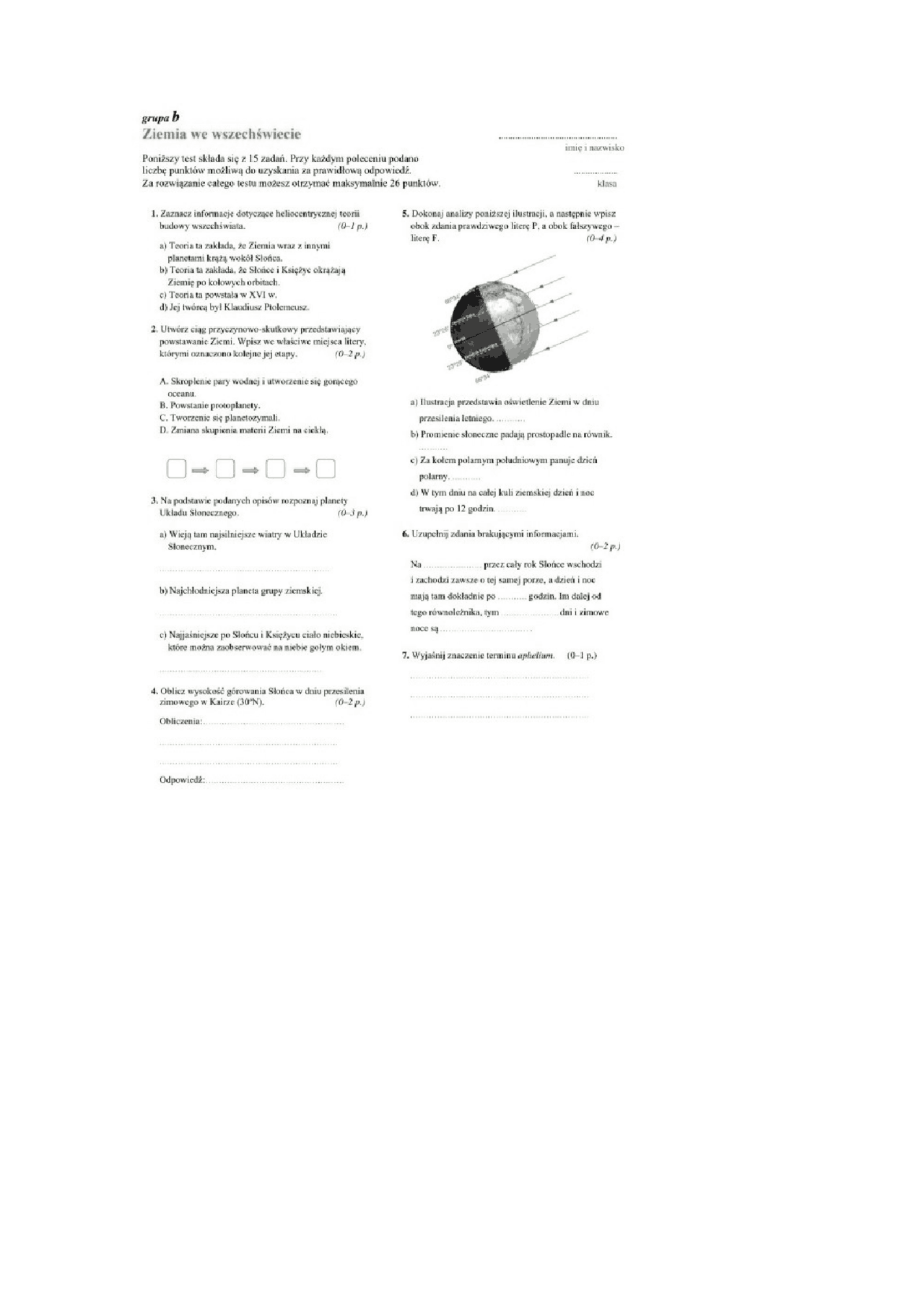 Ziemia We Wszechświecie Sprawdzian Kl 1 Liceum www.docsity.com