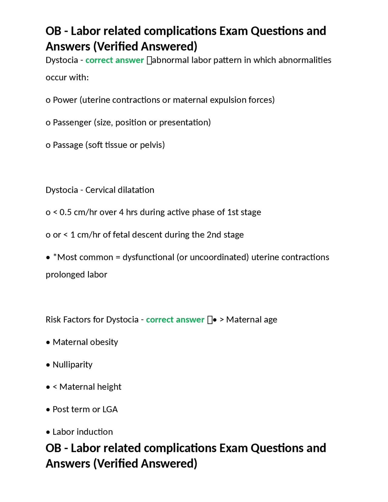 OB - Labor related complications Exam Questions and Answers (Verified ...