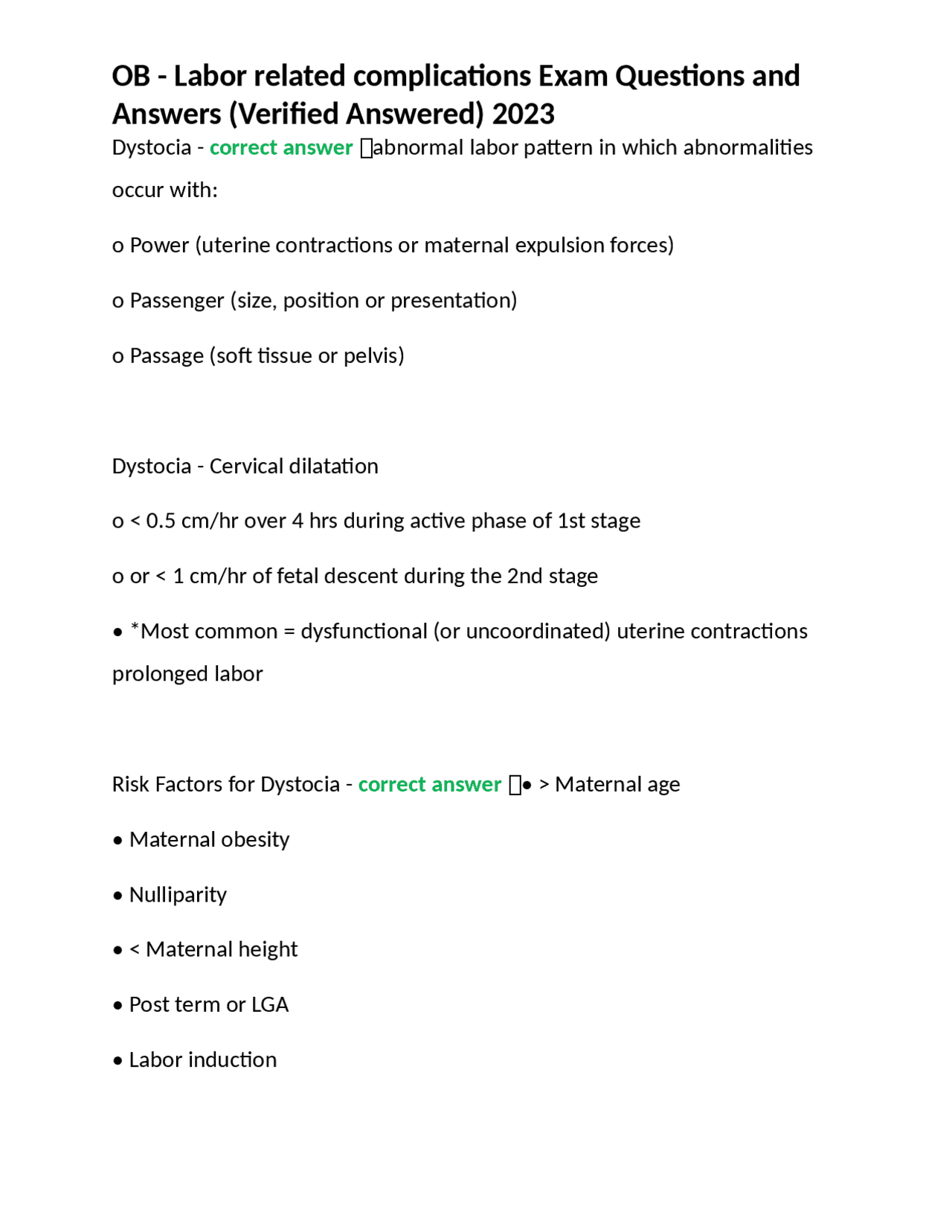 OB - Labor related complications Exam Questions and Answers (Verified ...