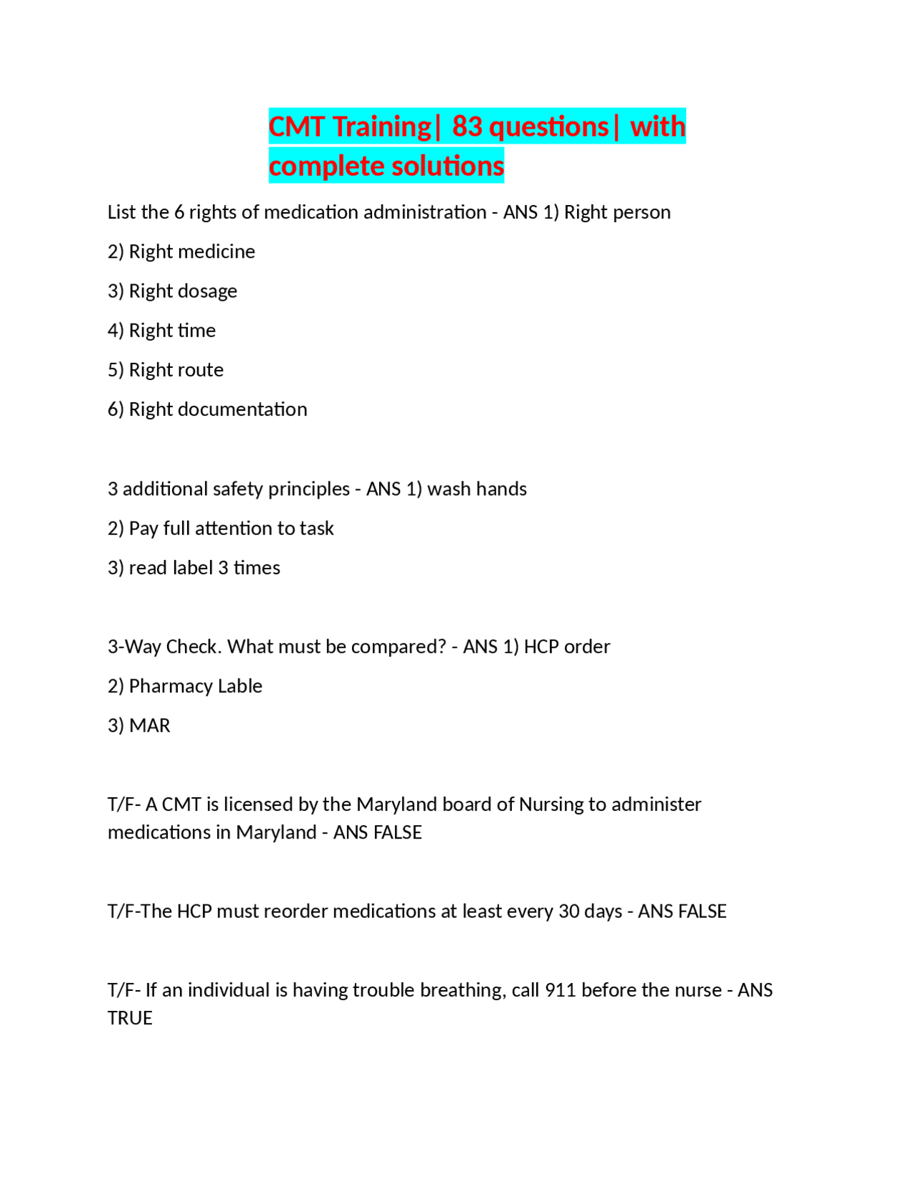 CMT Training| 83 questions| with complete solutions | Exams Analytical ...