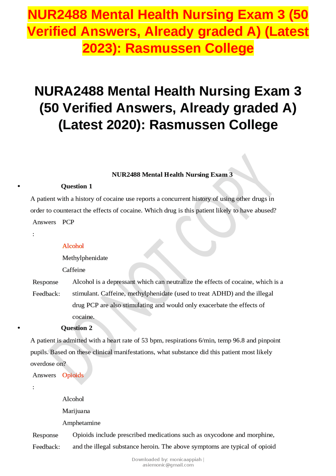 NUR2488 Mental Health Nursing Exam 3 (50 Verified Answers, Already ...