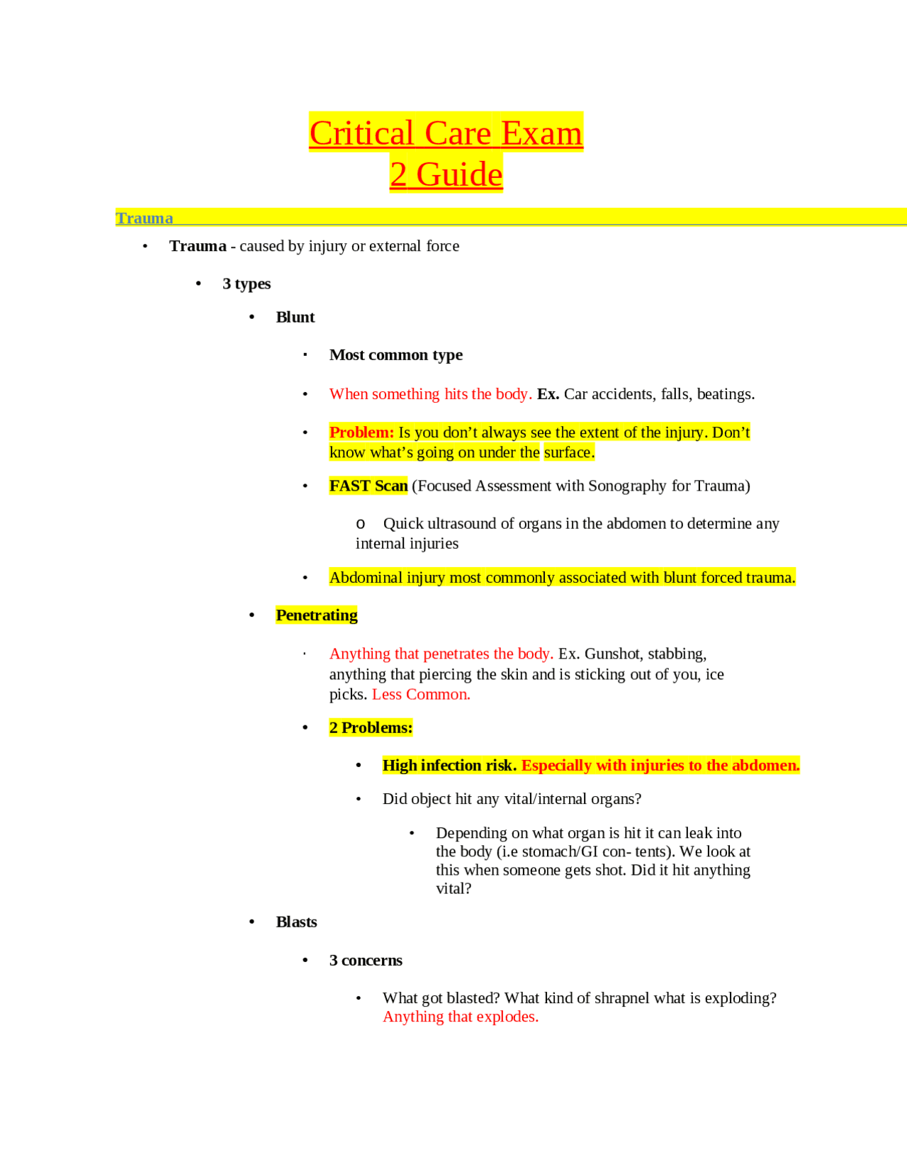 Critical Care Exam 2 Guide | Exams Nursing | Docsity