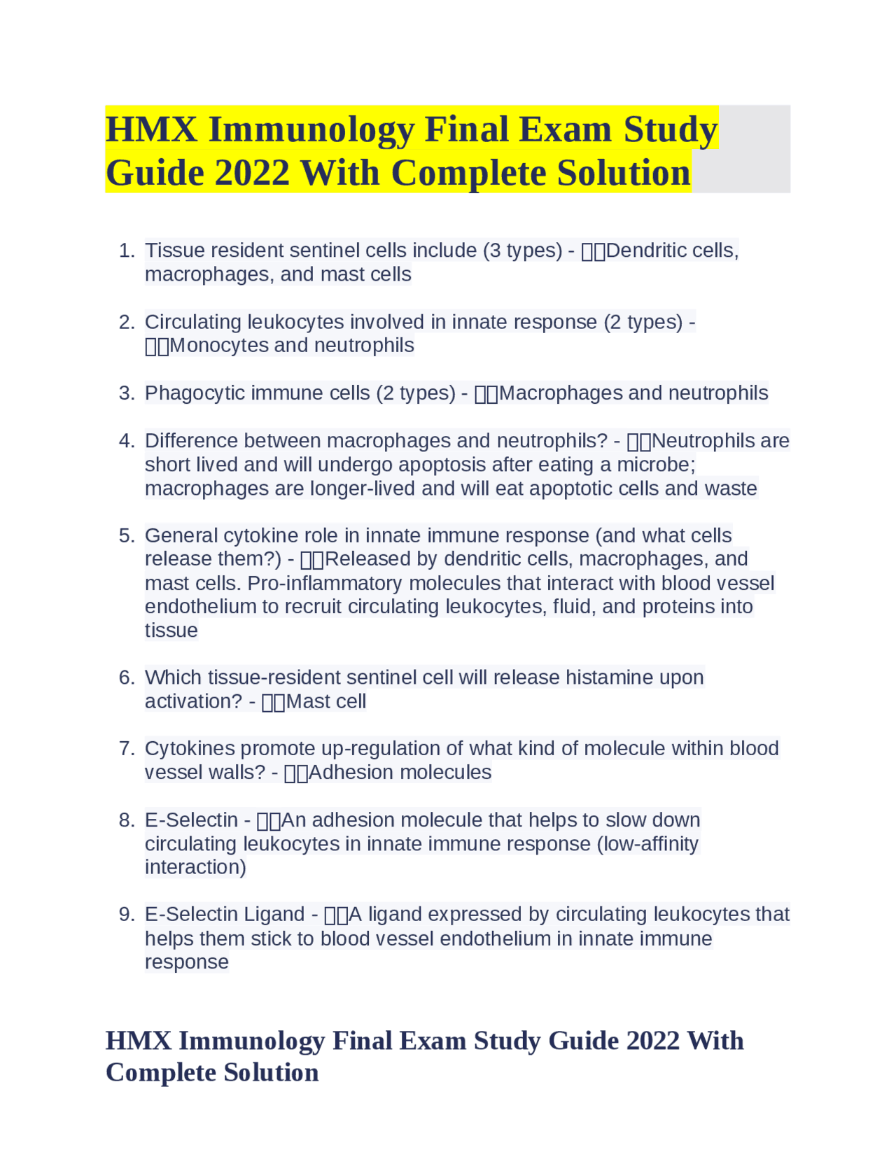 HMX Immunology Final Exam Study Guide 2022 With Complete Solution ...