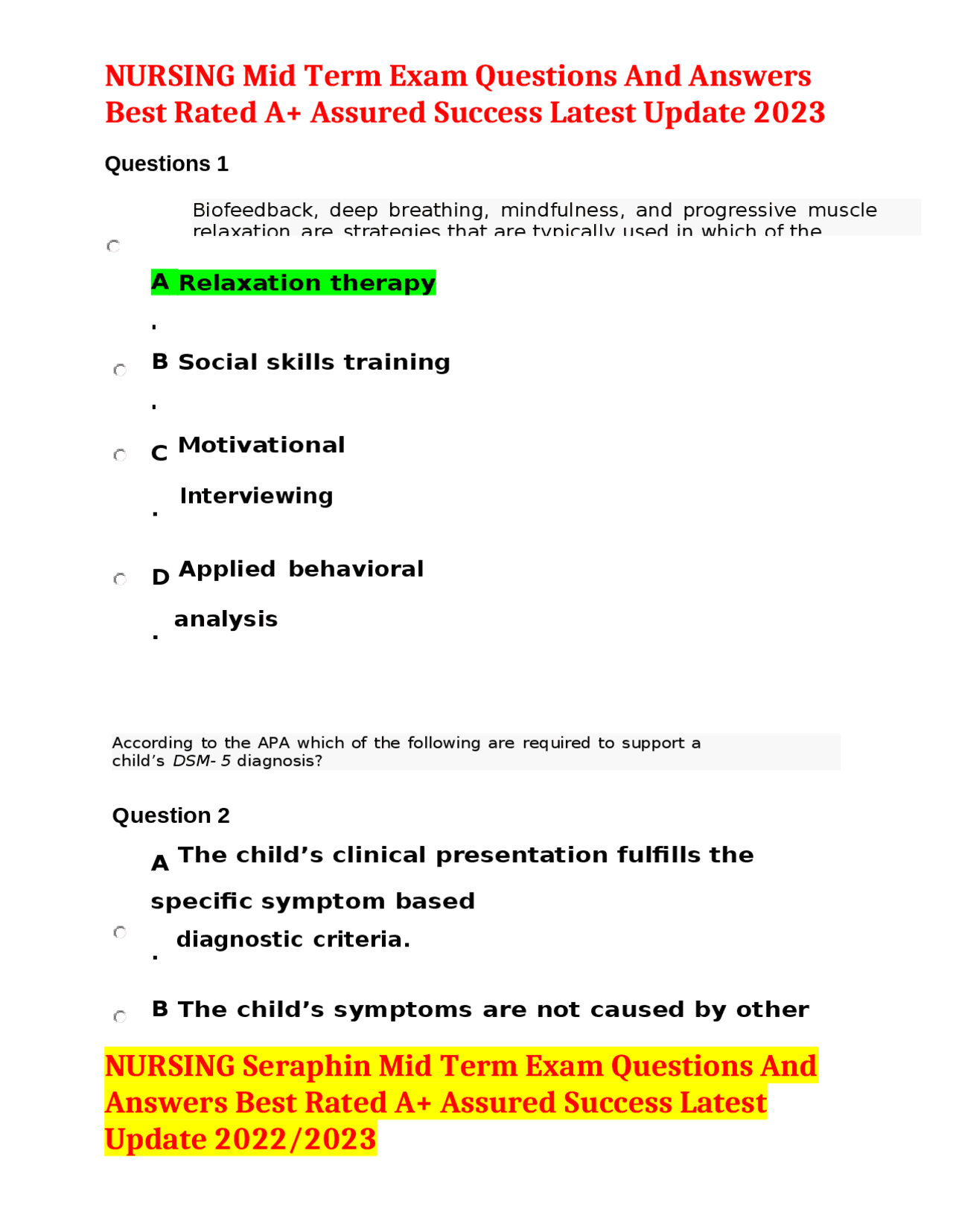 NURSING Mid Term Exam Questions And Answers Best Rated A+ Assured ...