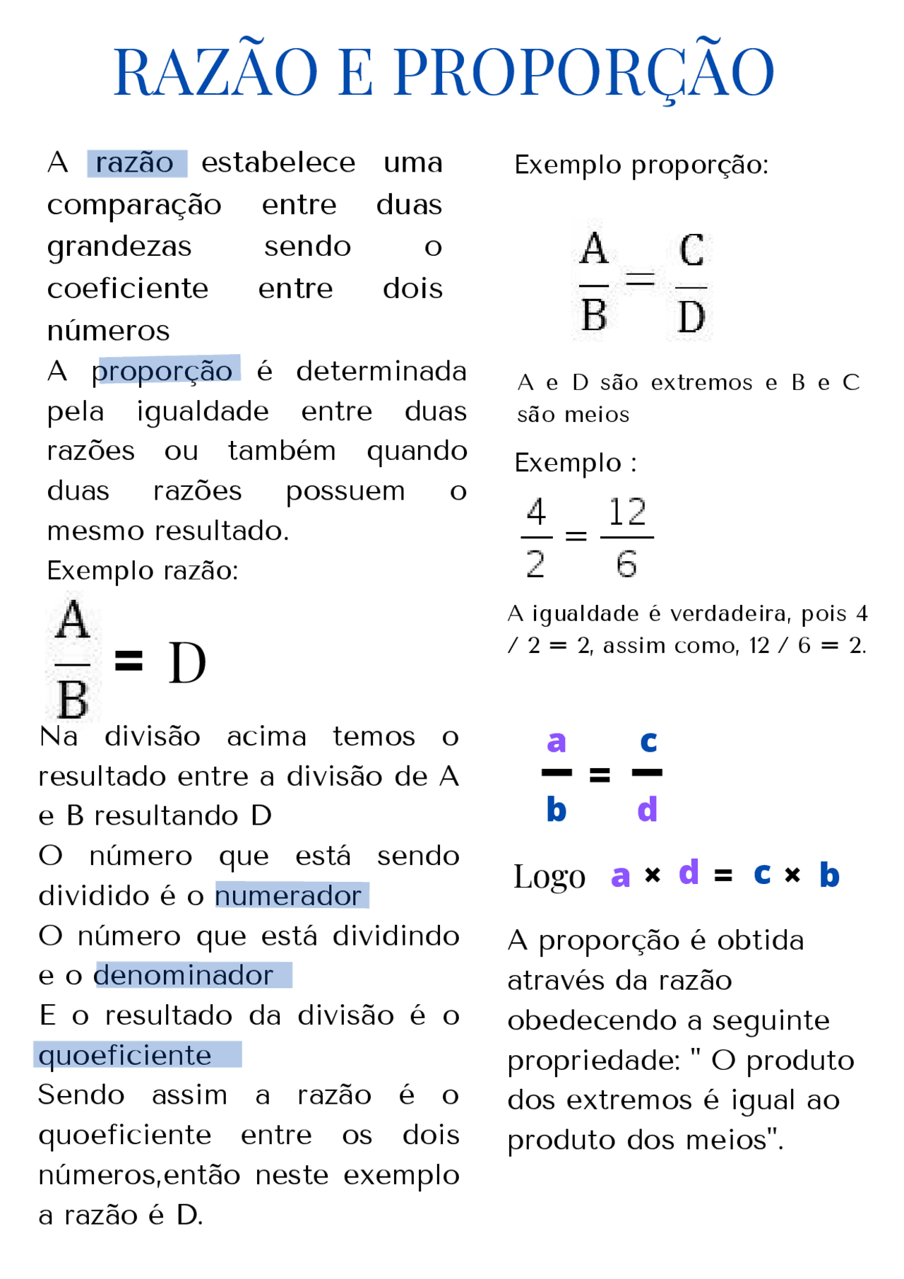 Resumo razão e proporção | Esquemas Matemática | Docsity