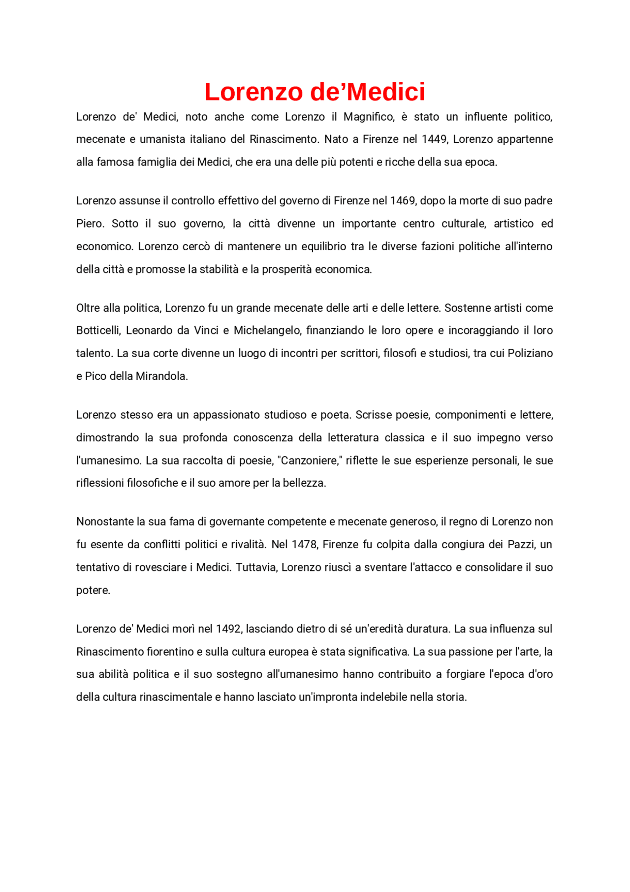 Riassunto su Lorenzo de'Medici Schemi e mappe concettuali di Italiano