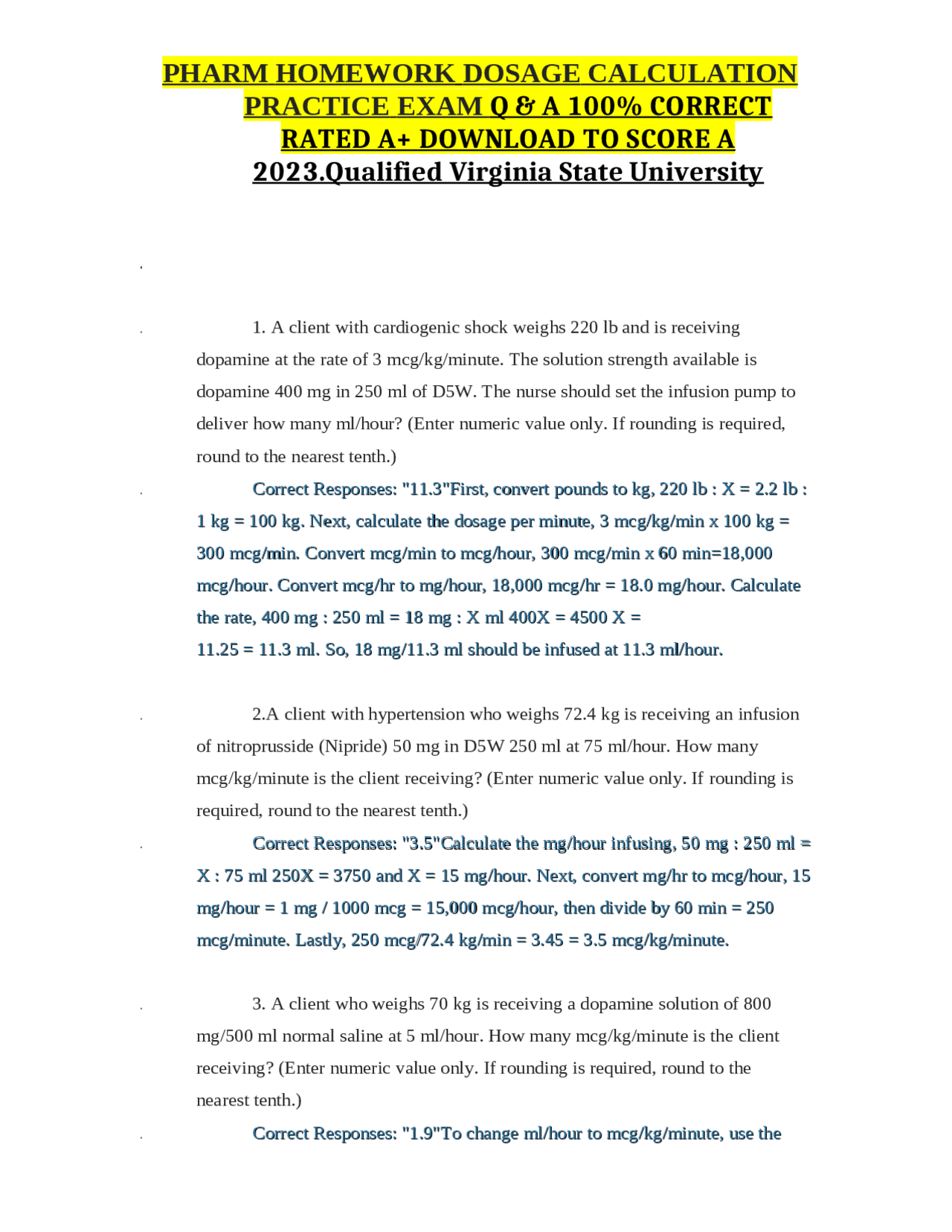 Pharm Homework Dosage Calculation Practice Exam Q&A | Exams Nursing ...