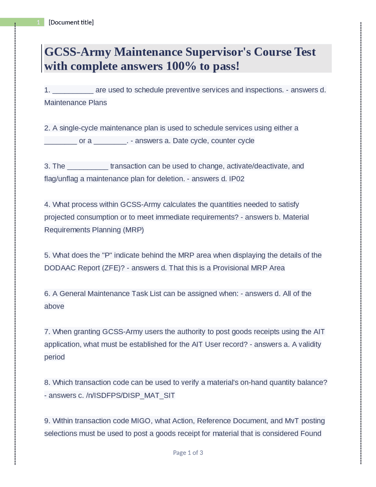 GCSS-Army Maintenance Supervisor's Course Test with complete answers ...