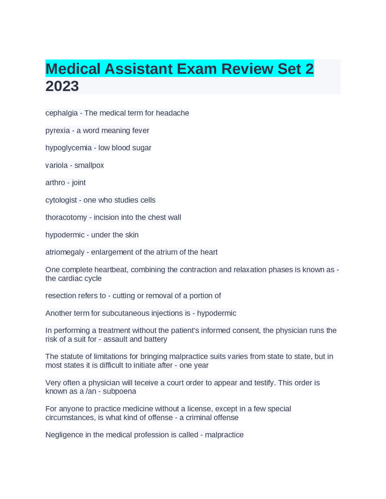 Medical Assistant Exam Review Set 2 2023 | Exams Nursing | Docsity