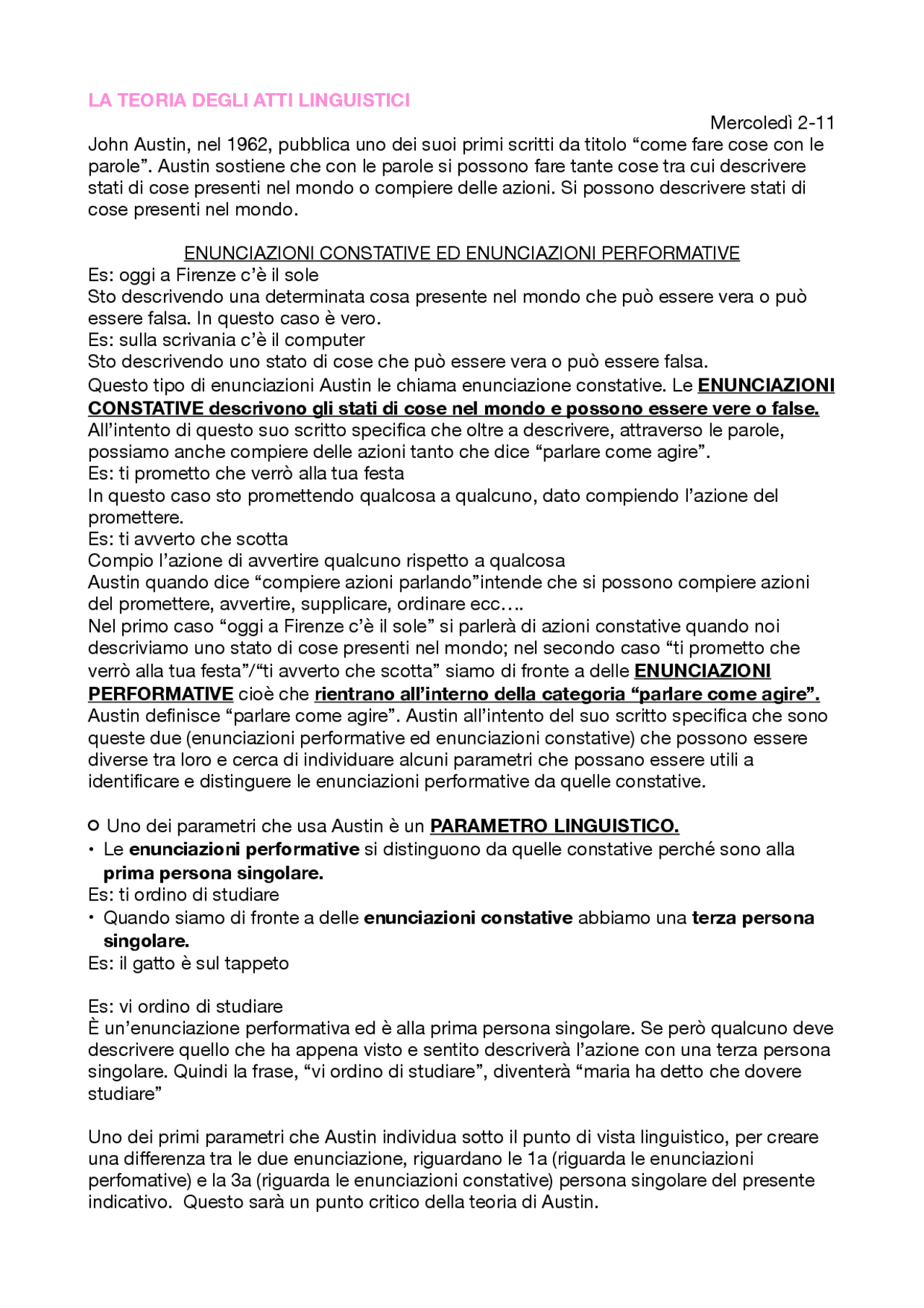 La teoria degli atti linguistici Appunti di Linguistica Docsity