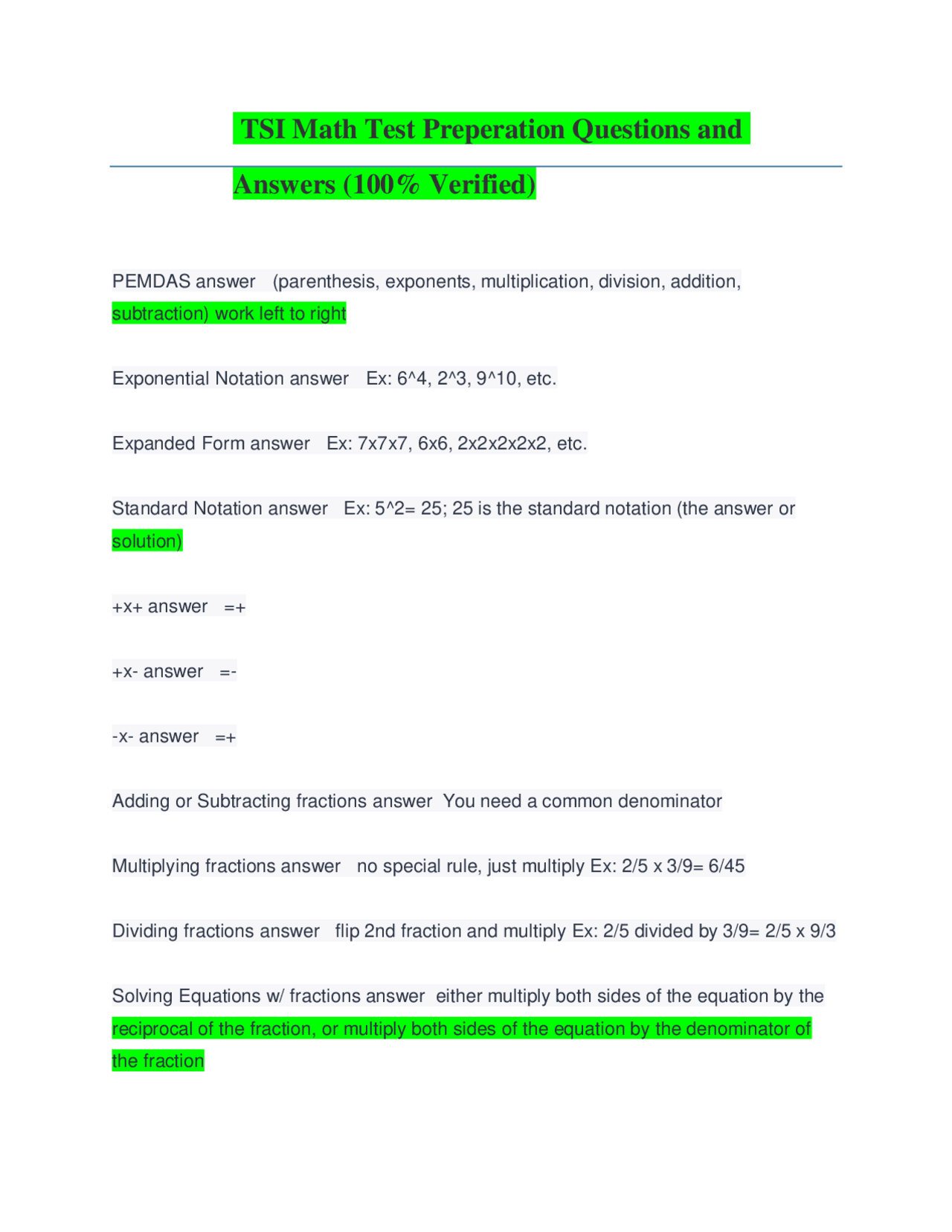 TSI Math Test Preperation Questions and Answers | Exams Mathematics ...