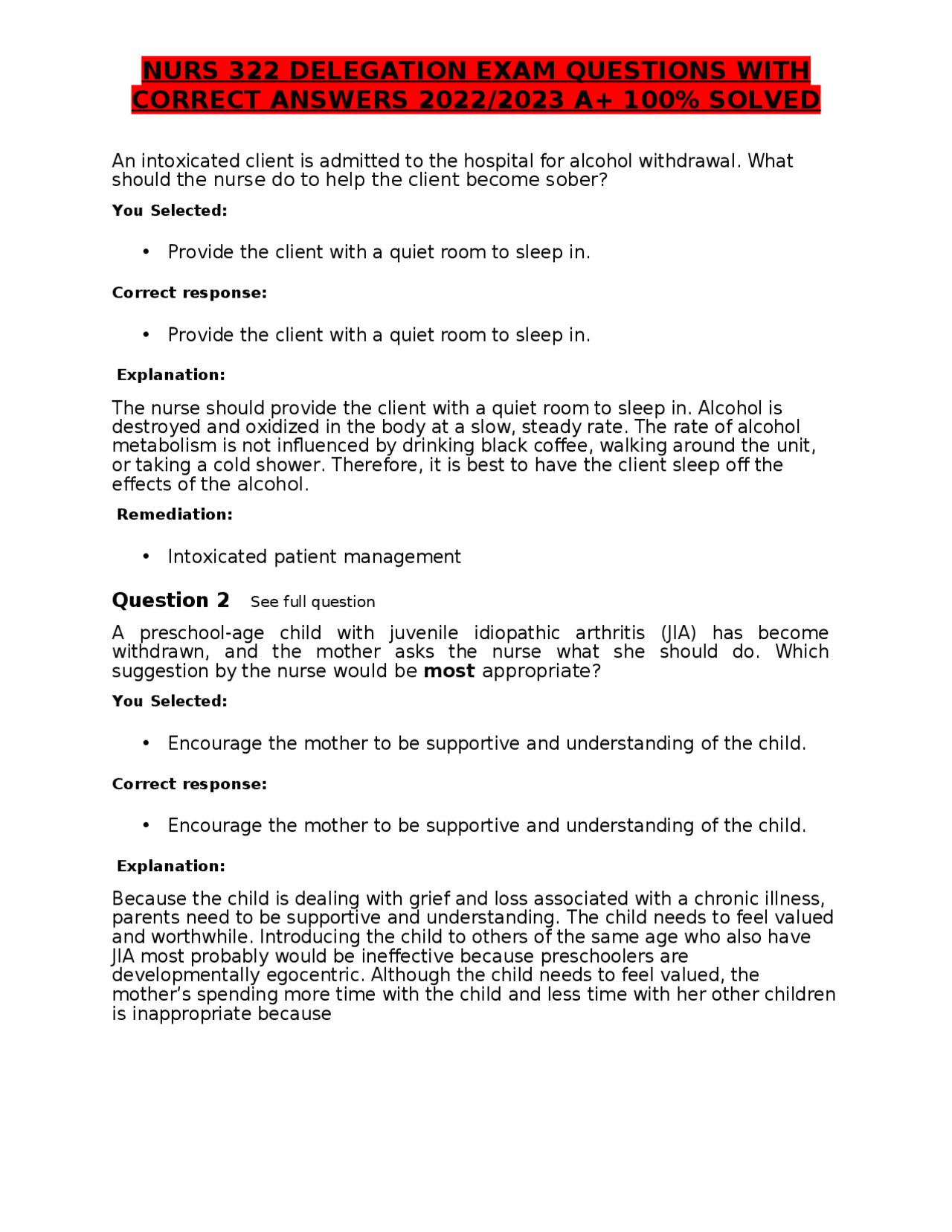 NURS 322 Delegation Exam Questions with Correct Answers | Exams Nursing ...