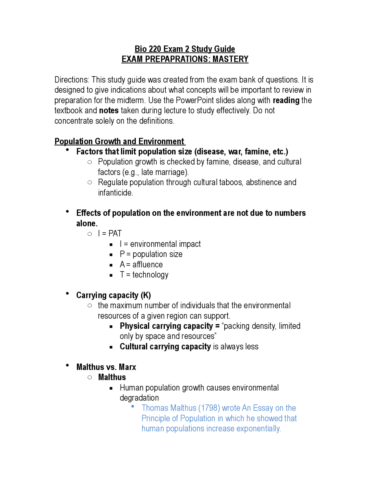 Bio 220 Exam 2 Study Guide EXAM PREPAPRATIONS: MASTERY | Study Guides ...