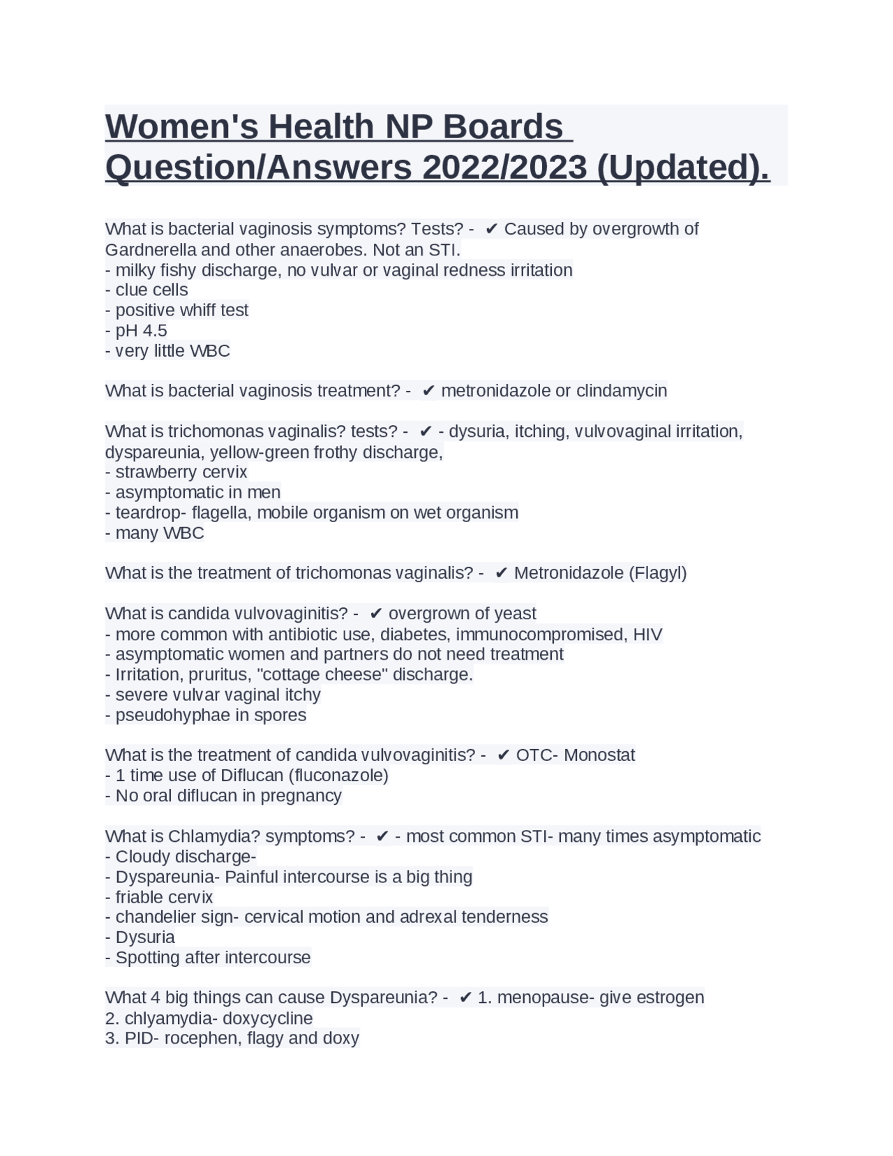Women's Health NP Boards Question/Answers 2022/2023 (Updated). Exams