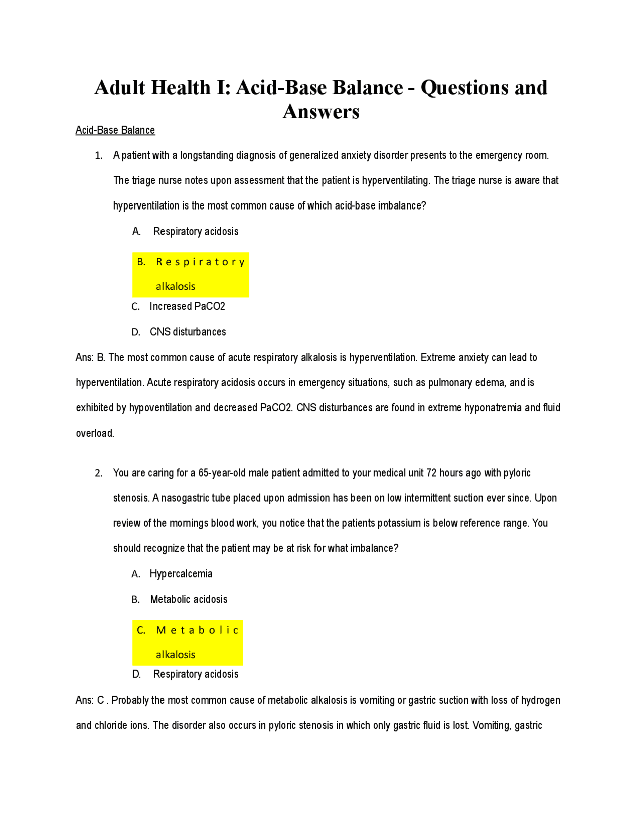 Adult Health I: Acid-Base Balance - Questions and Answers WITH ...