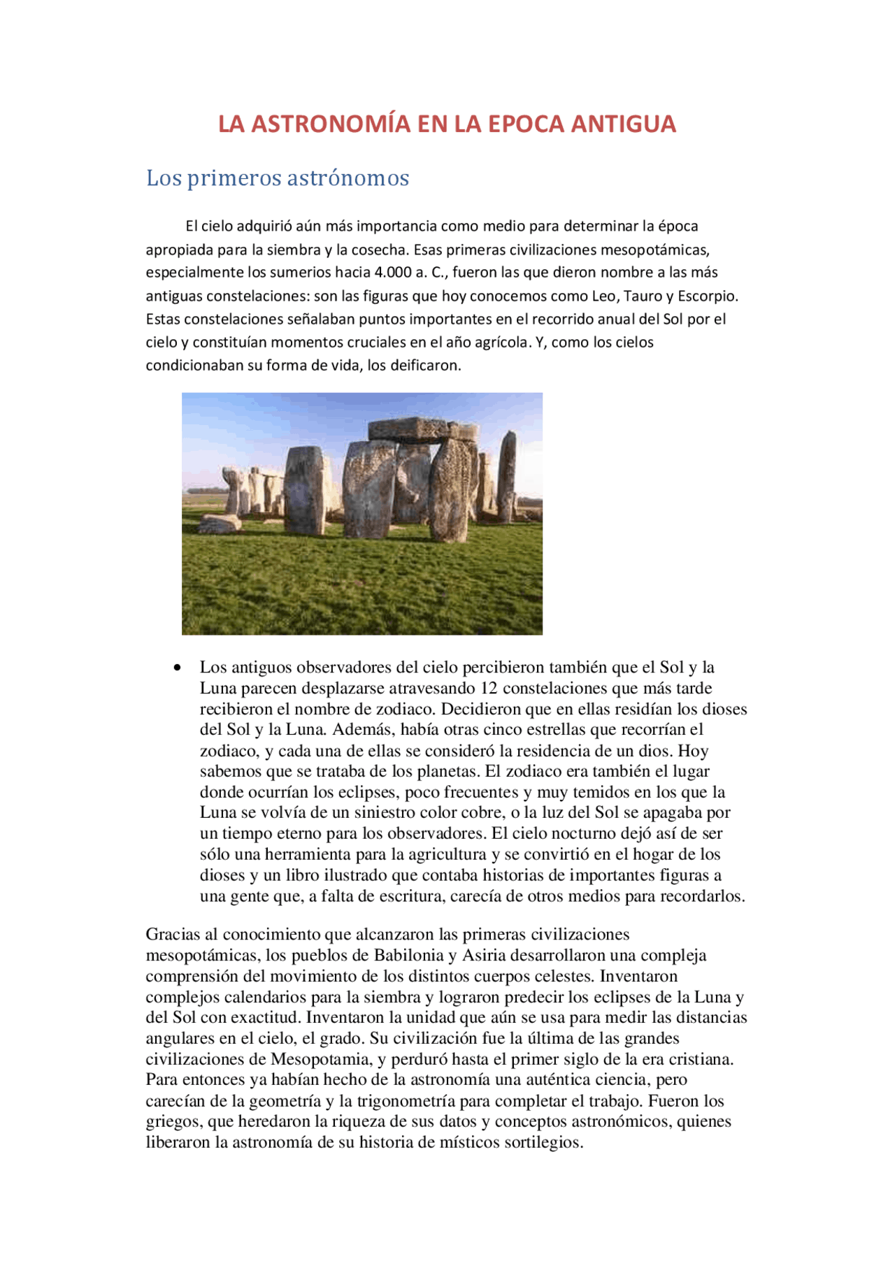 La astronomía en la época antigua | Resúmenes de Geografía | Docsity