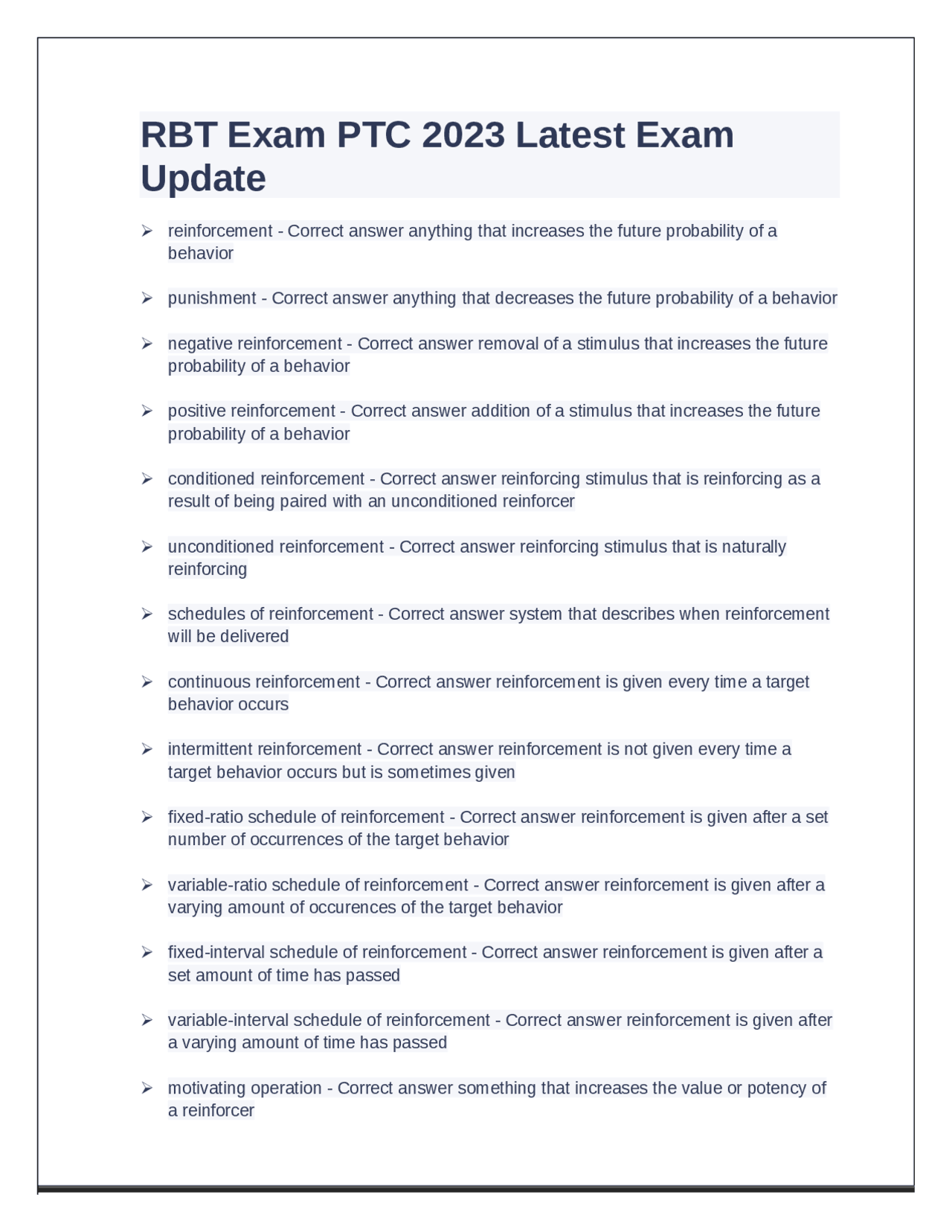 RBT Exam PTC 2023 Latest Exam Update | Exams Psychology | Docsity