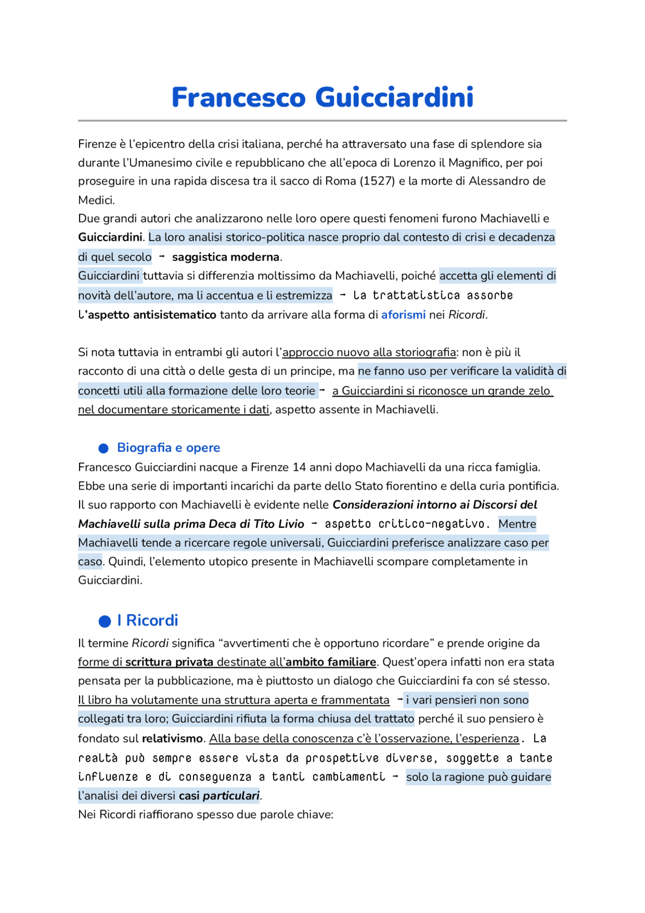 Francesco Guicciardini (vita e opere) Appunti di Italiano Docsity