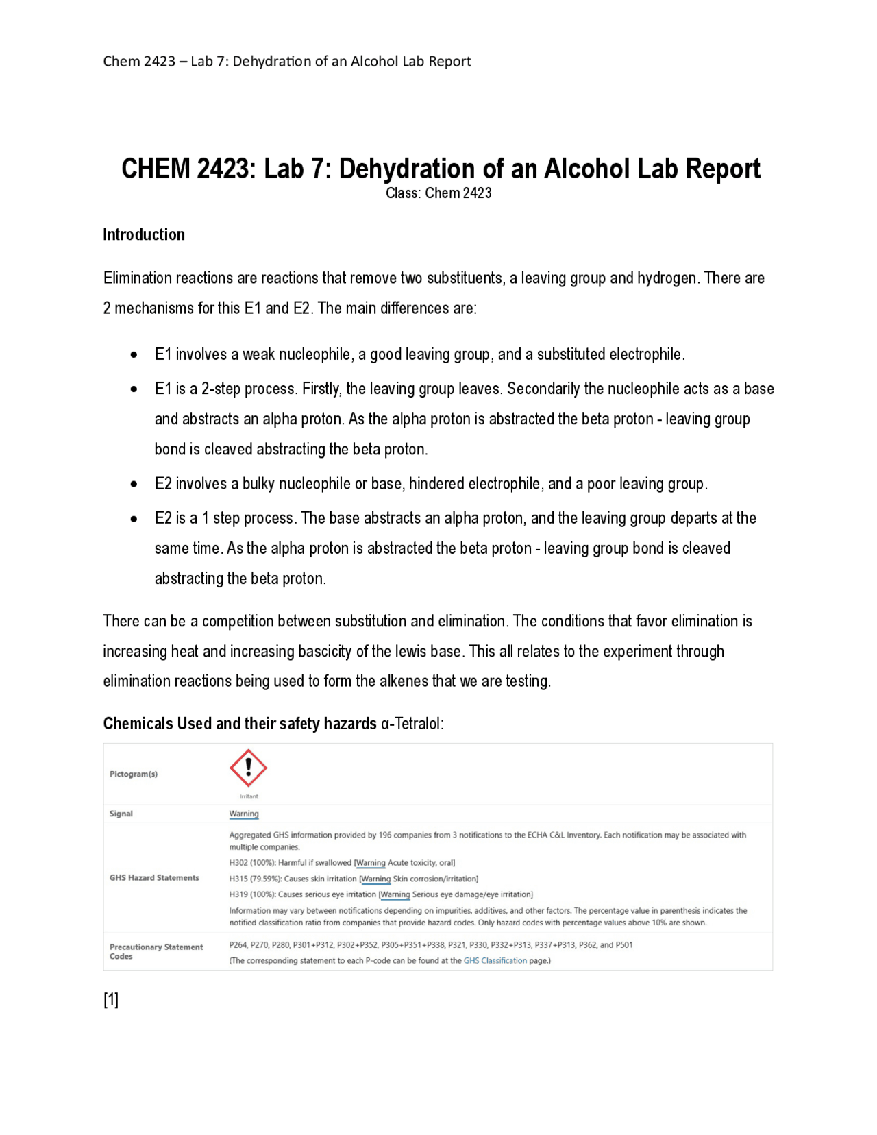 CHEM 2423 Lab 7 Dehydration of an Alcohol Lab Report Class Chem 2423