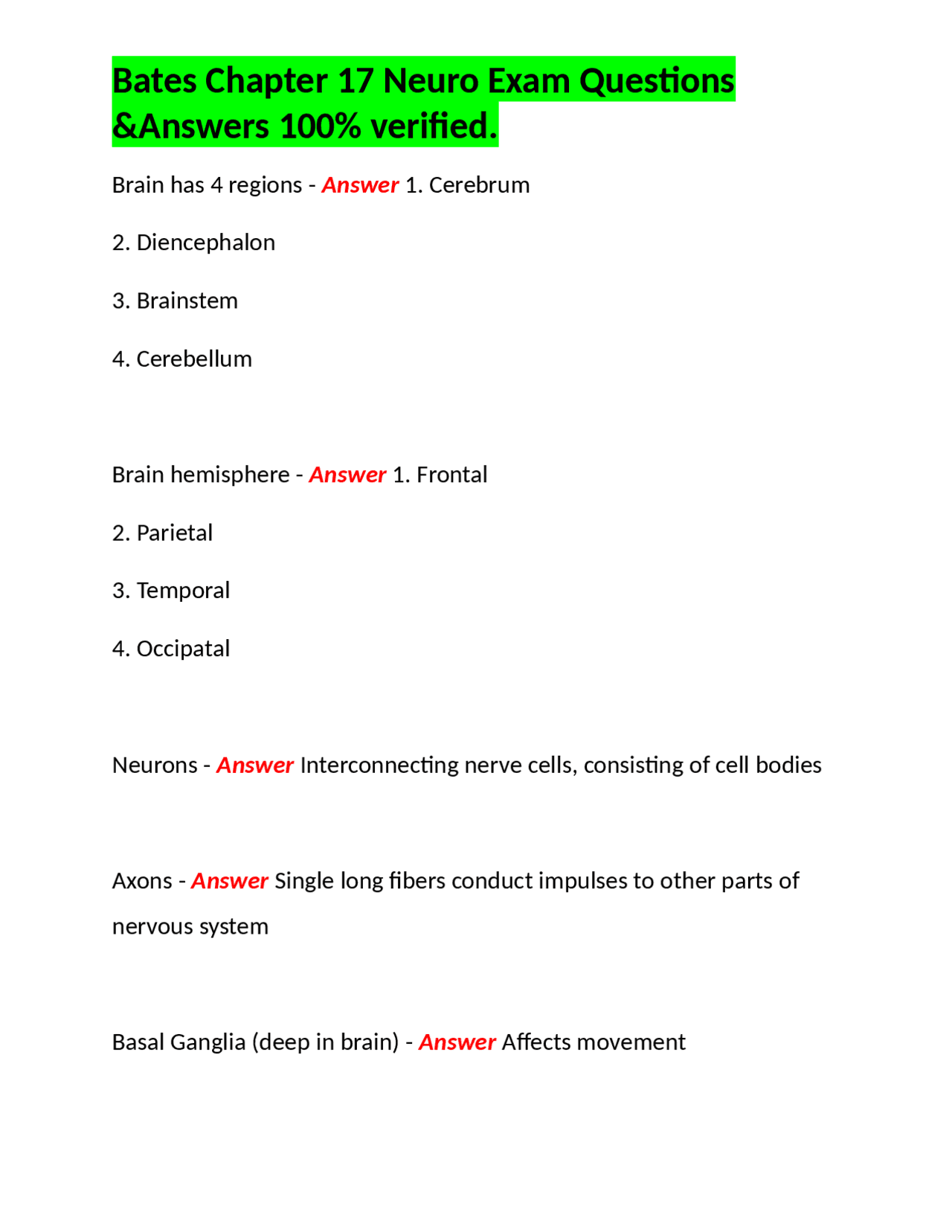 Bates Chapter 17 Neuro Exam Questions &Answers 100% verified. | Exams ...
