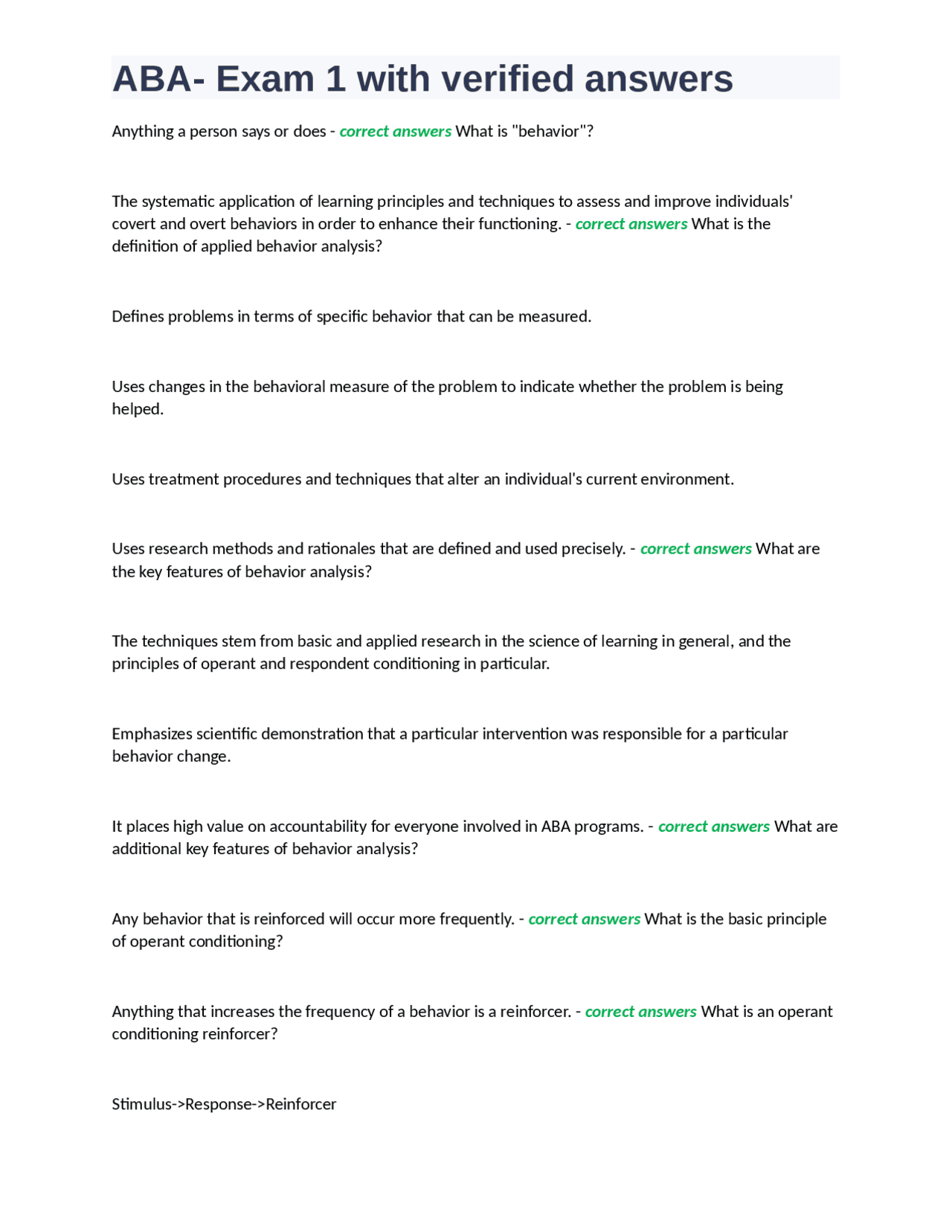 Aba Test ABA- Exam 1 with verified answers | Exams Nursing | Docsity