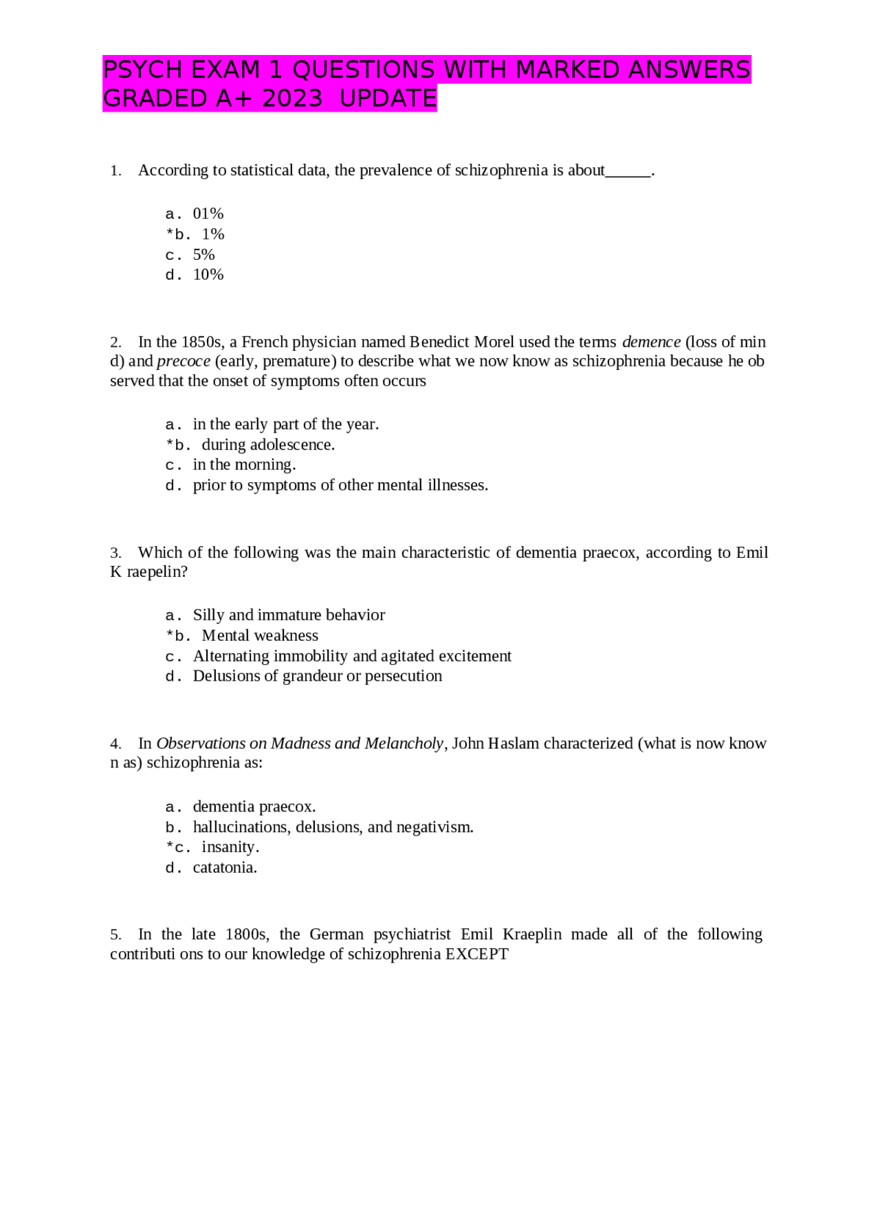 PSYCH EXAM 1 QUESTIONS WITH MARKED ANSWERS GRADED A+ 2023 UPDATE ...