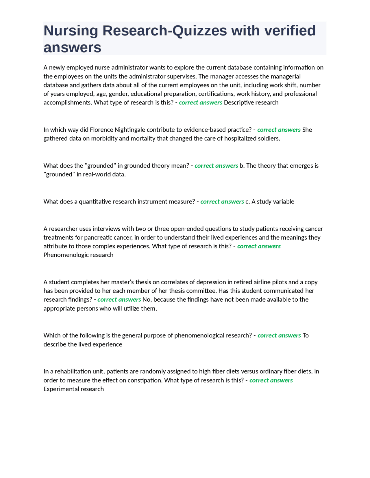 Nursing ResearchQuizzes with verified answers Exams Nursing Docsity