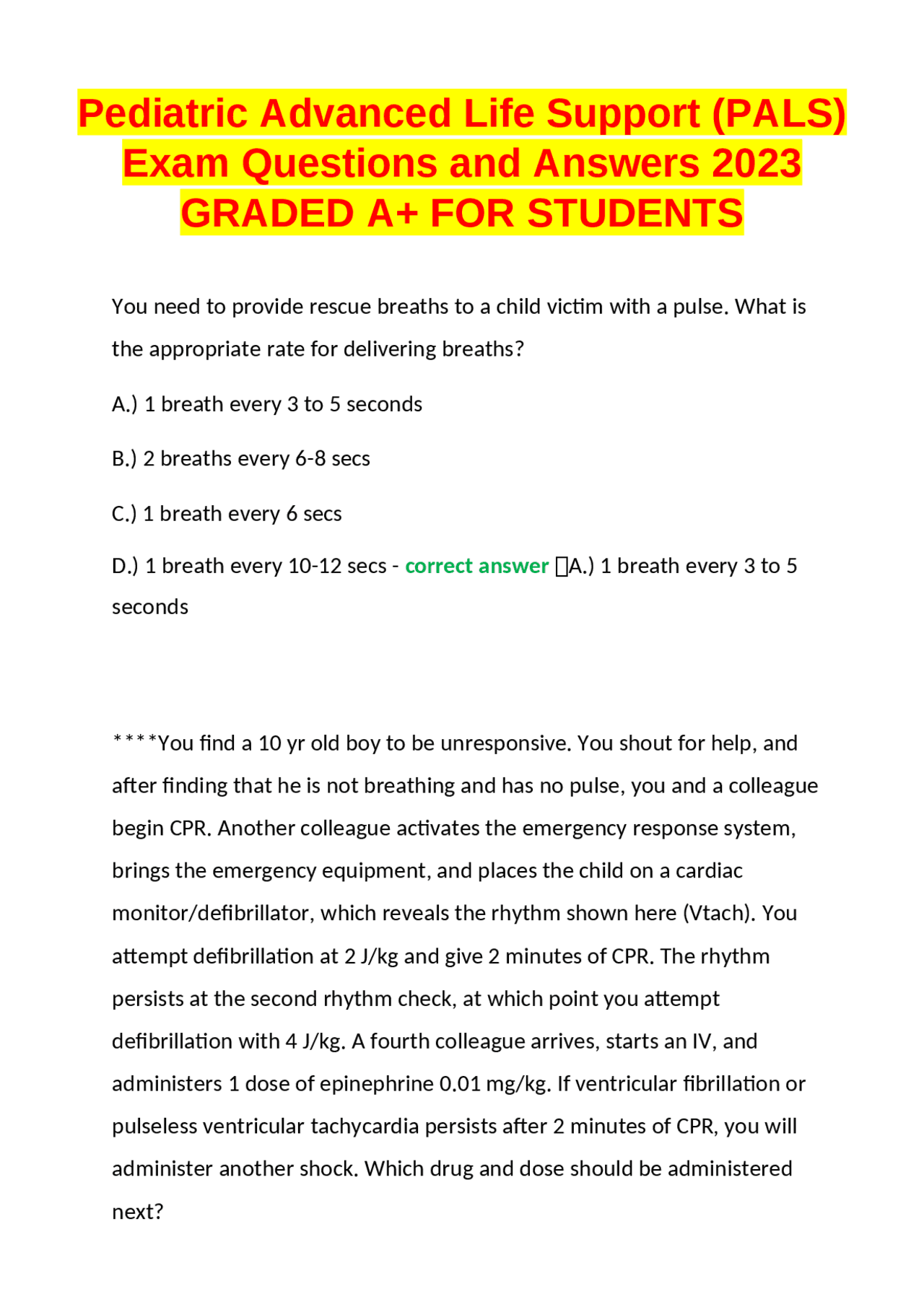 Pediatric Advanced Life Support (PALS) Exam Questions and Answers 2023 ...