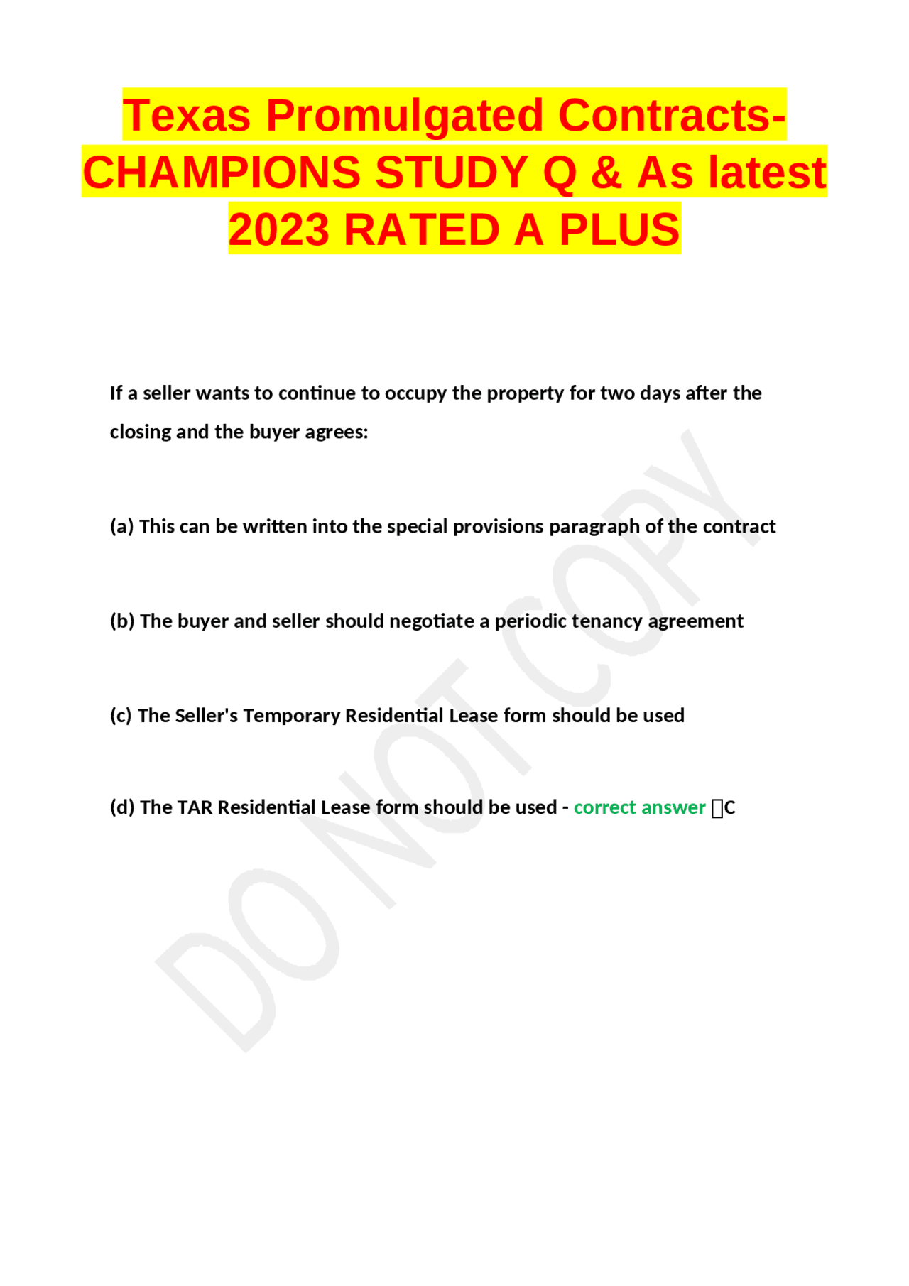 Texas Promulgated Contracts CHAMPIONS STUDY Q & As latest 2023 RATED A