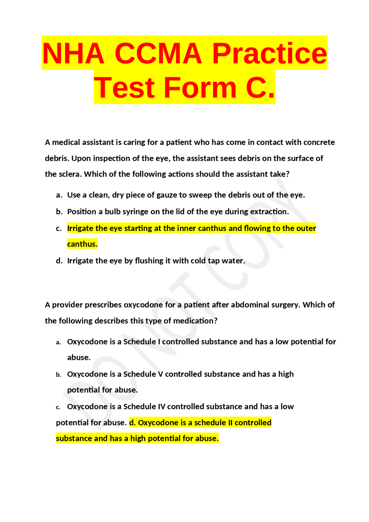 NHA CCMA Practice Test Form C. | Exams Nursing | Docsity