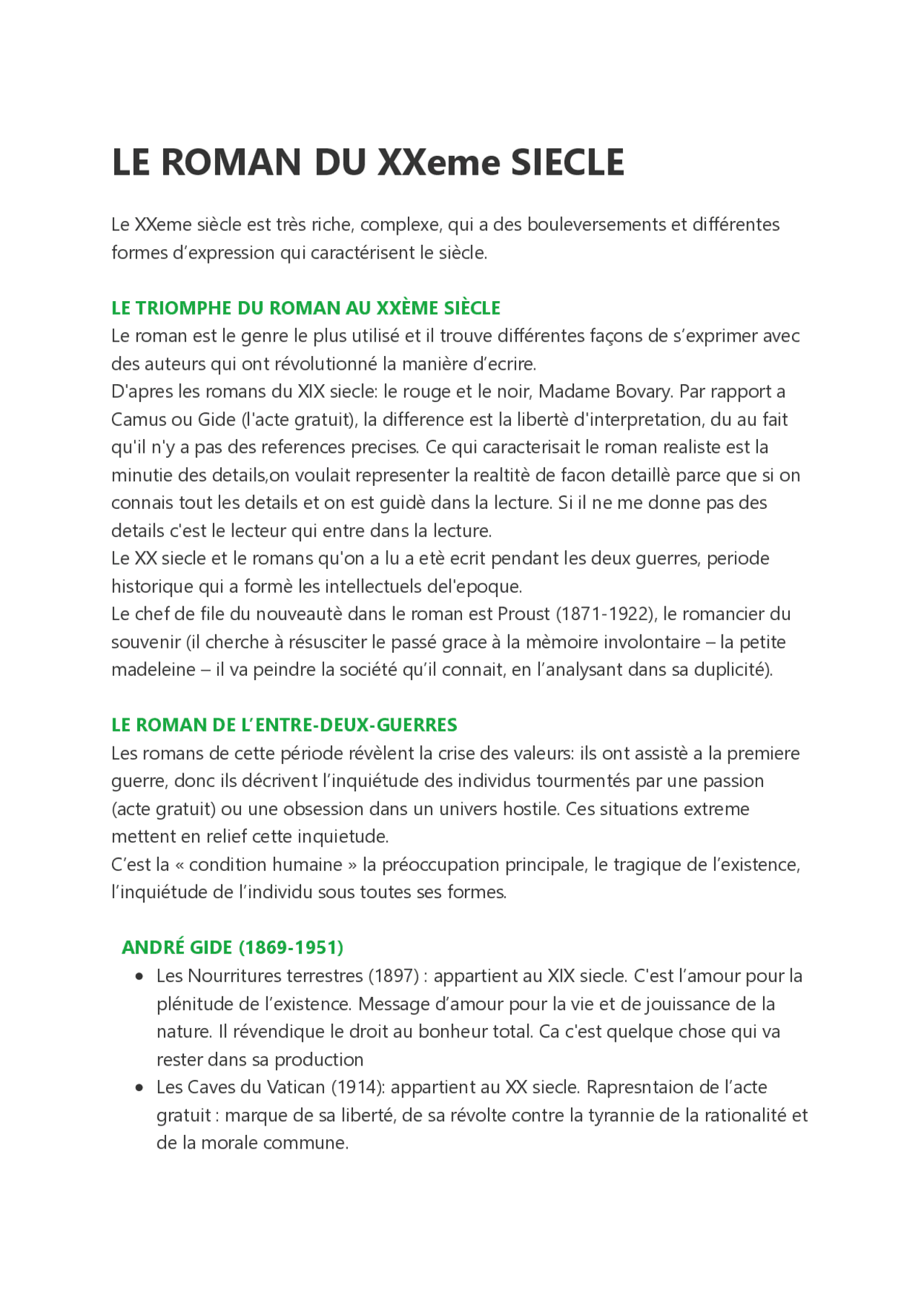 Le roman du XXeme siecle Appunti di Francese Docsity