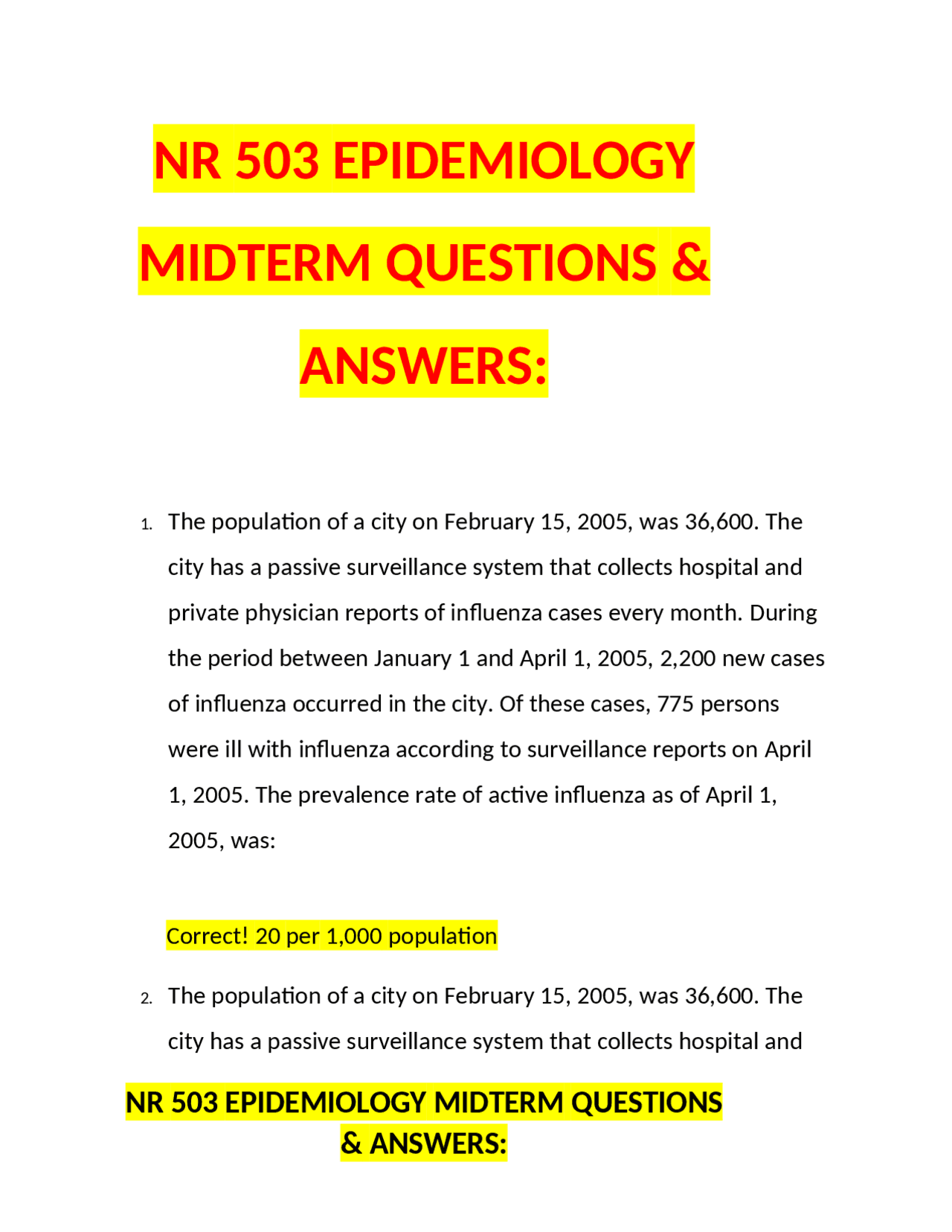 NR 503 EPIDEMIOLOGY MIDTERM QUESTIONS & ANSWERS Exams Epidemiology