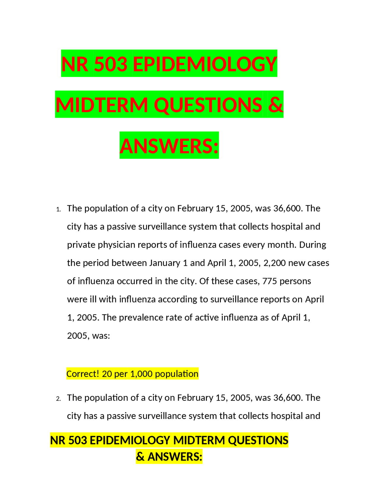 NR 503 EPIDEMIOLOGY MIDTERM QUESTIONS & ANSWERS Exams Epidemiology