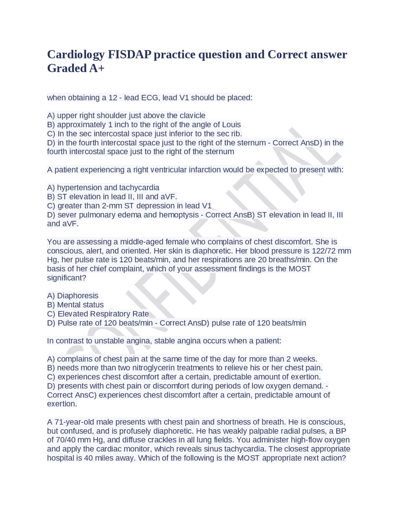 Cardiology FISDAP practice question and Correct answer Graded A+