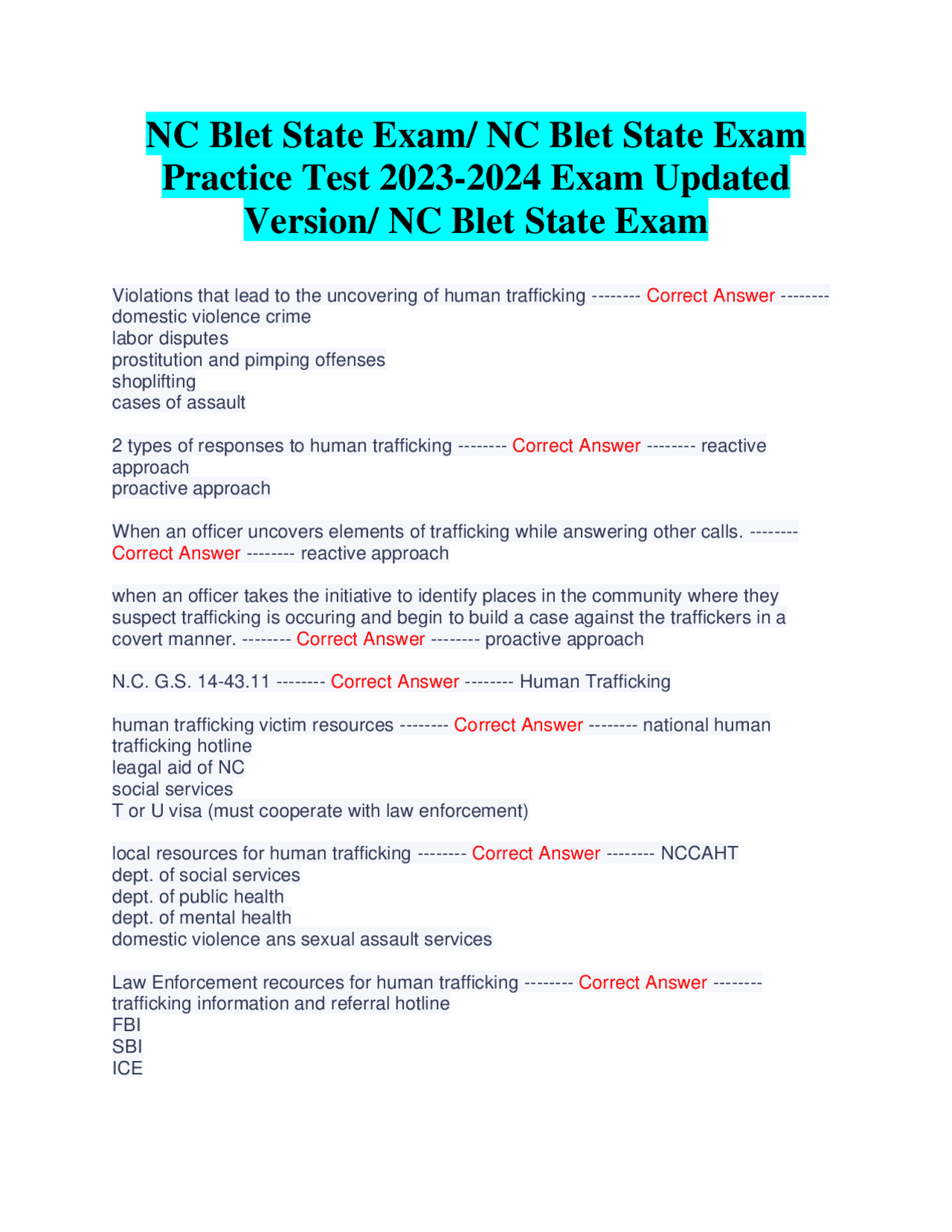 NC Blet State Exam Practice Test 2023-2024 | Exams Nursing | Docsity