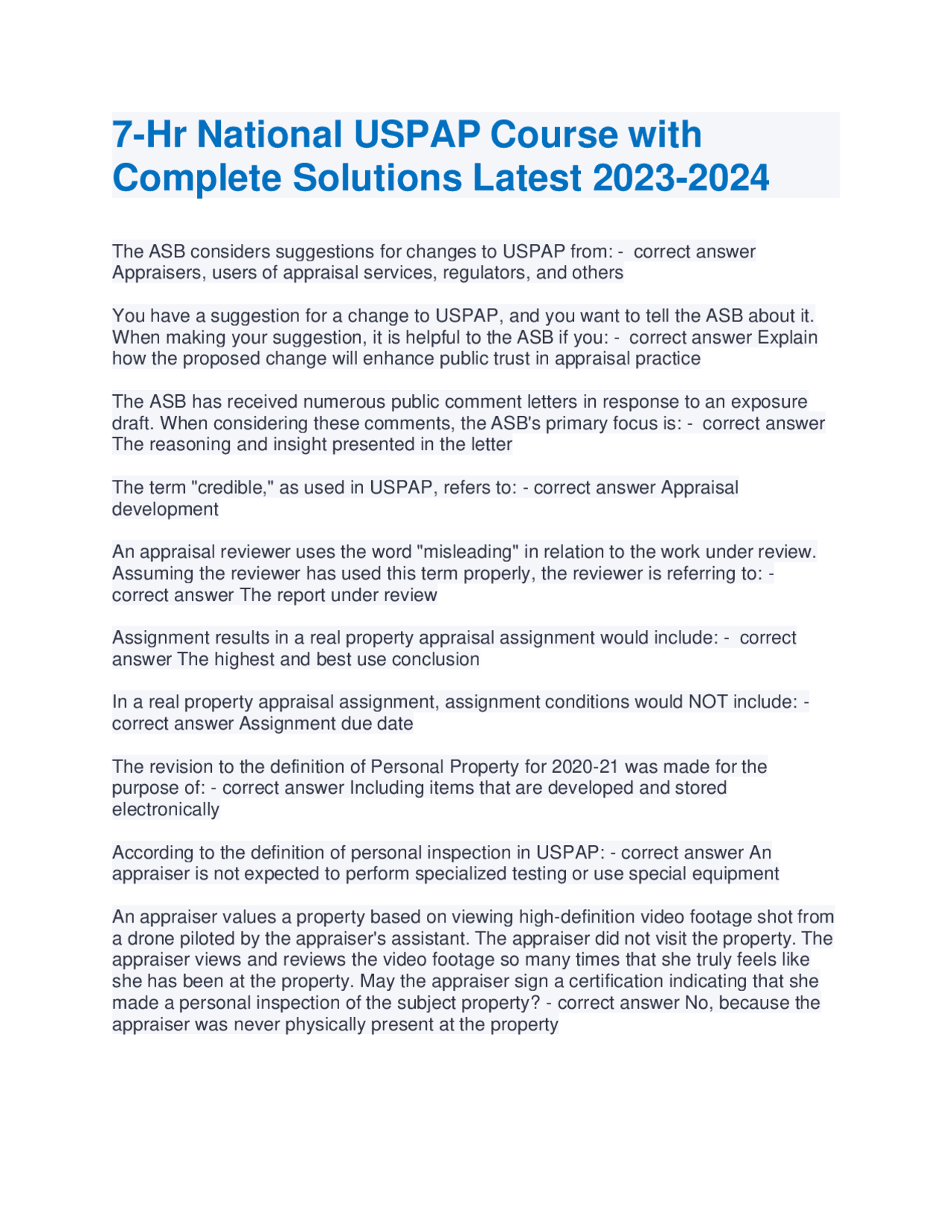 7Hr National USPAP Course with Complete Solutions Latest 20232024