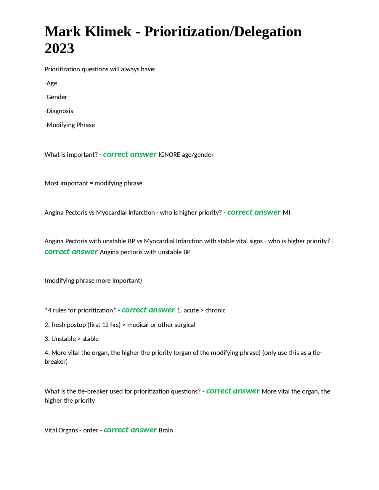 Mark Klimek Prioritization Delegation 2023 Exams Nursing Docsity