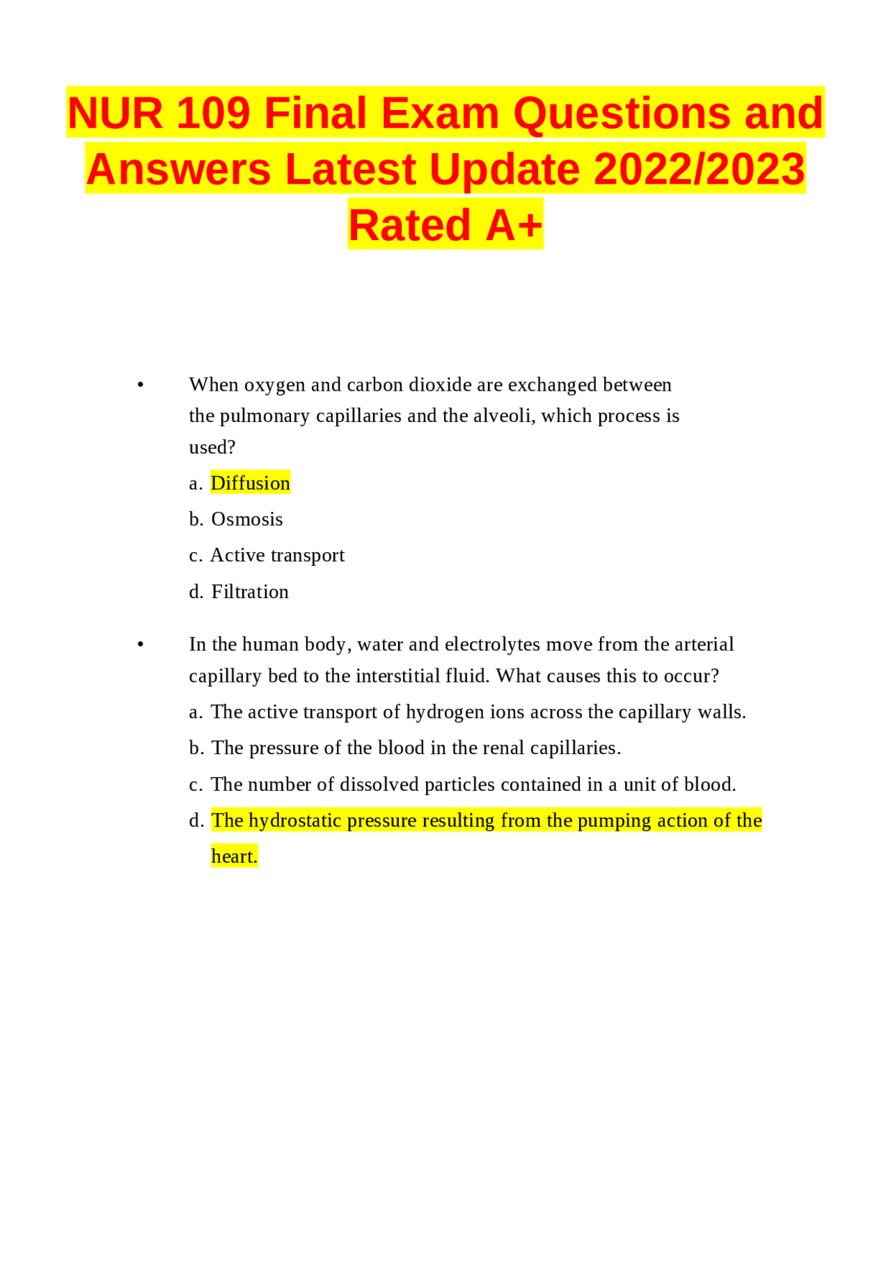 NUR 109 Final Exam Questions and Answers: A Comprehensive Review of Key ...