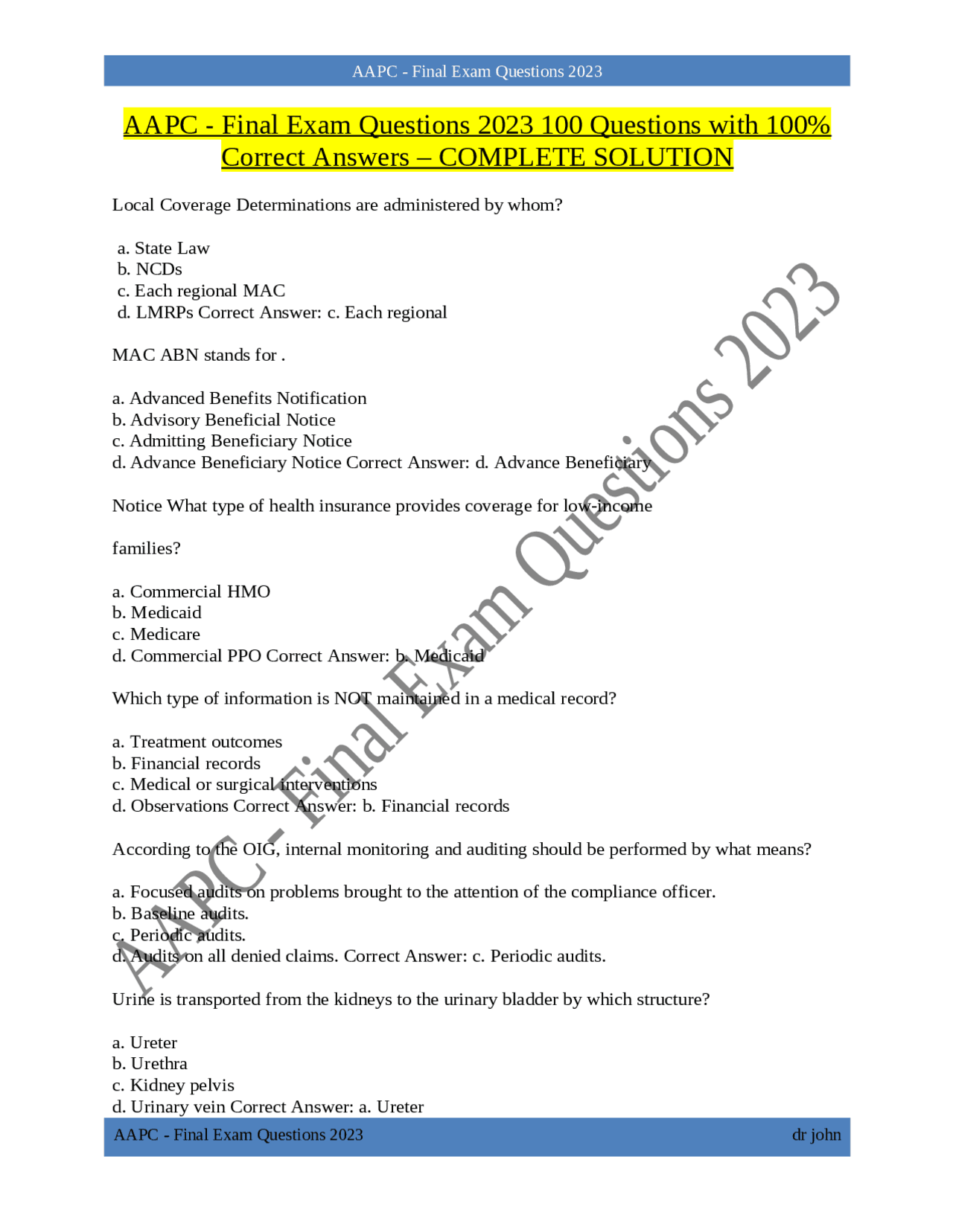 AAPC - Final Exam Questions 2023 100 Questions with 100% Correct ...