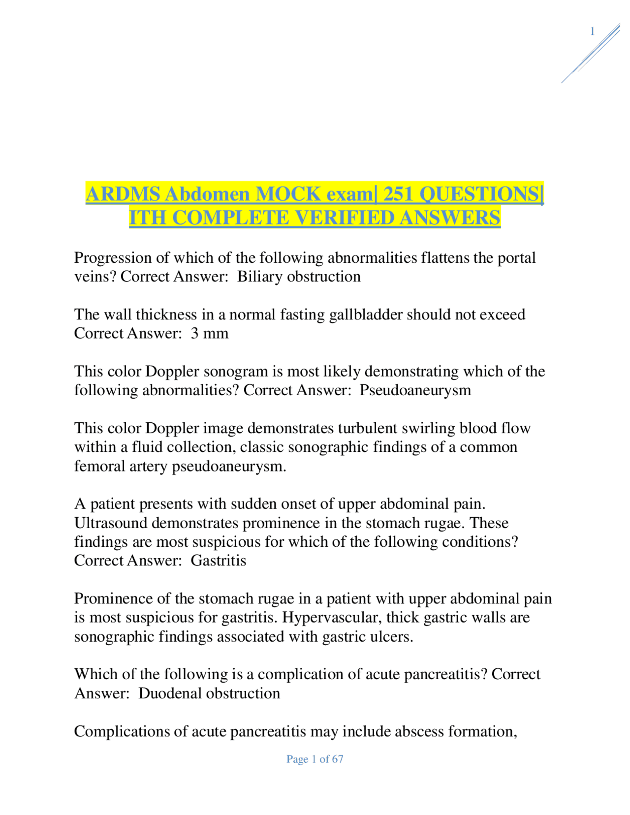 ARDMS Abdomen MOCK exam| 251 QUESTIONS| ITH COMPLETE VERIFIED ANSWERS ...