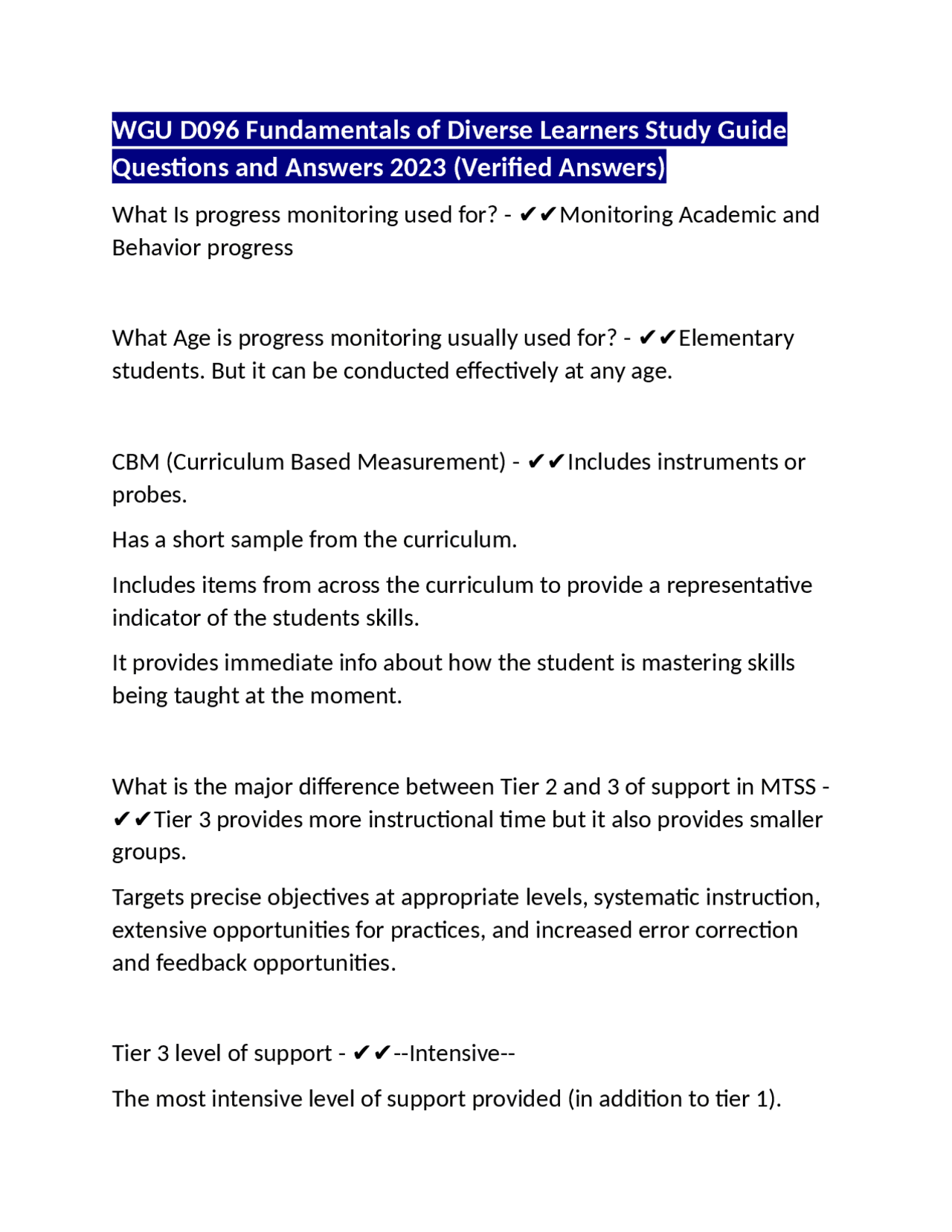 WGU D096 Fundamentals of Diverse Learners Study Guide Questions and ...