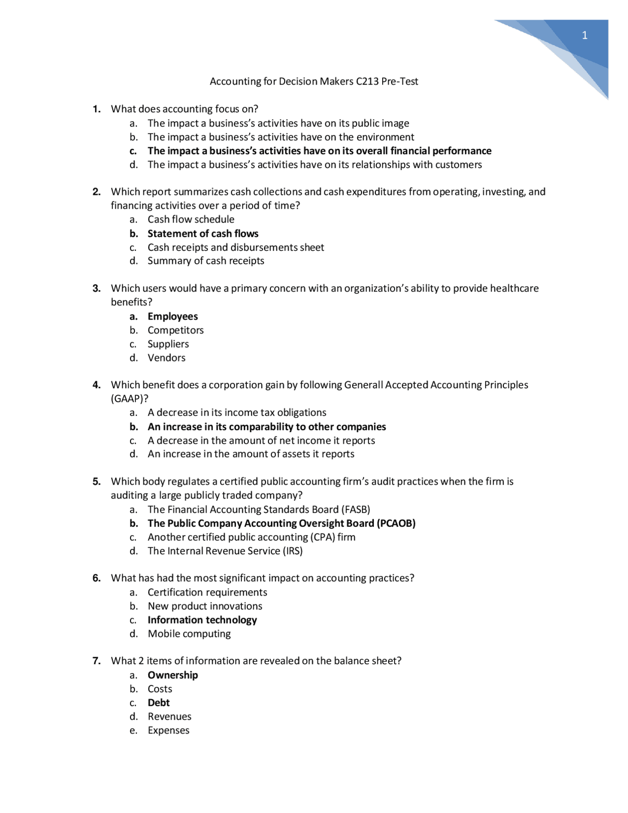 ACCOUNTING C213 Accounting For Decision Makers Pre Assessment latest ...