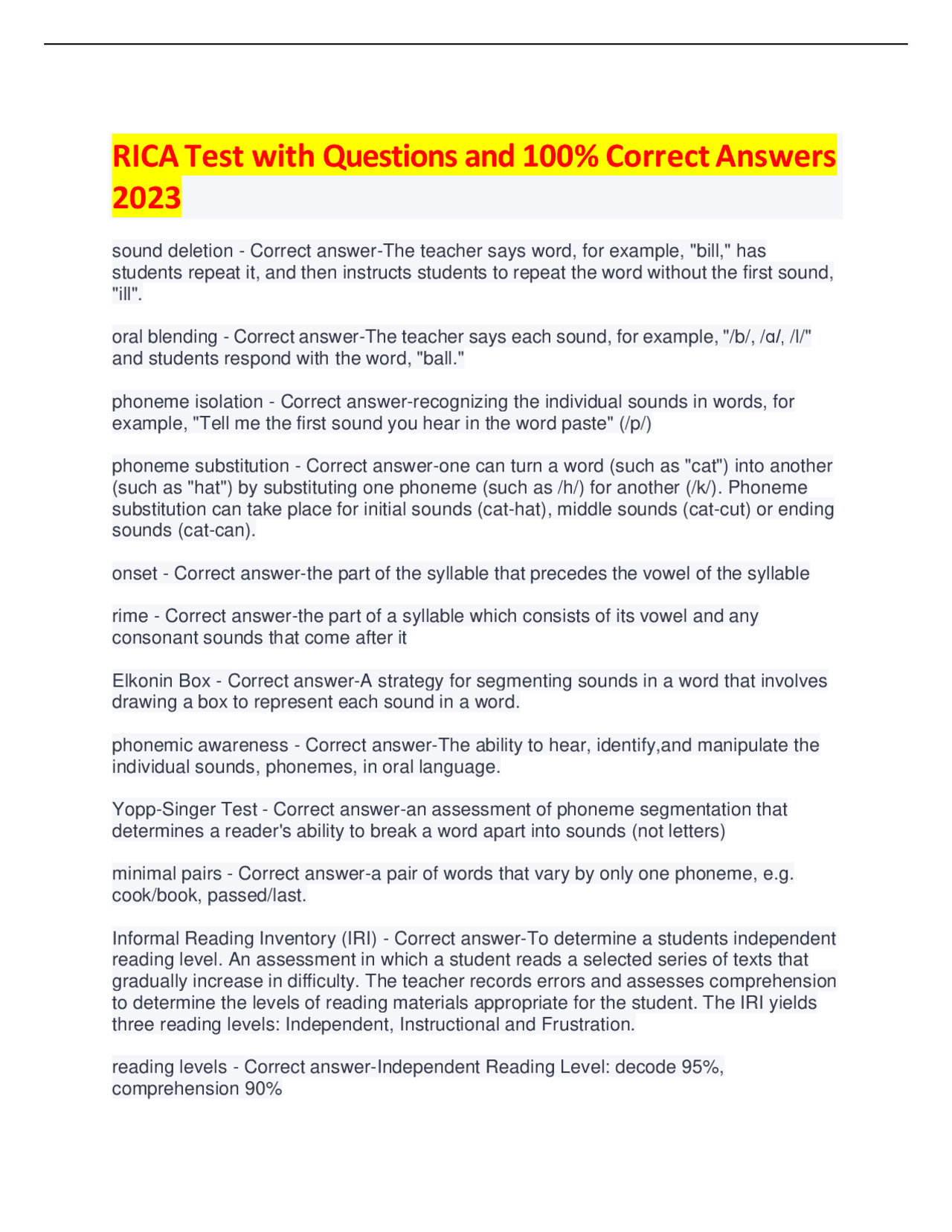 RICA Test with Questions and 100% Correct Answers 2023 | Exams Physical ...