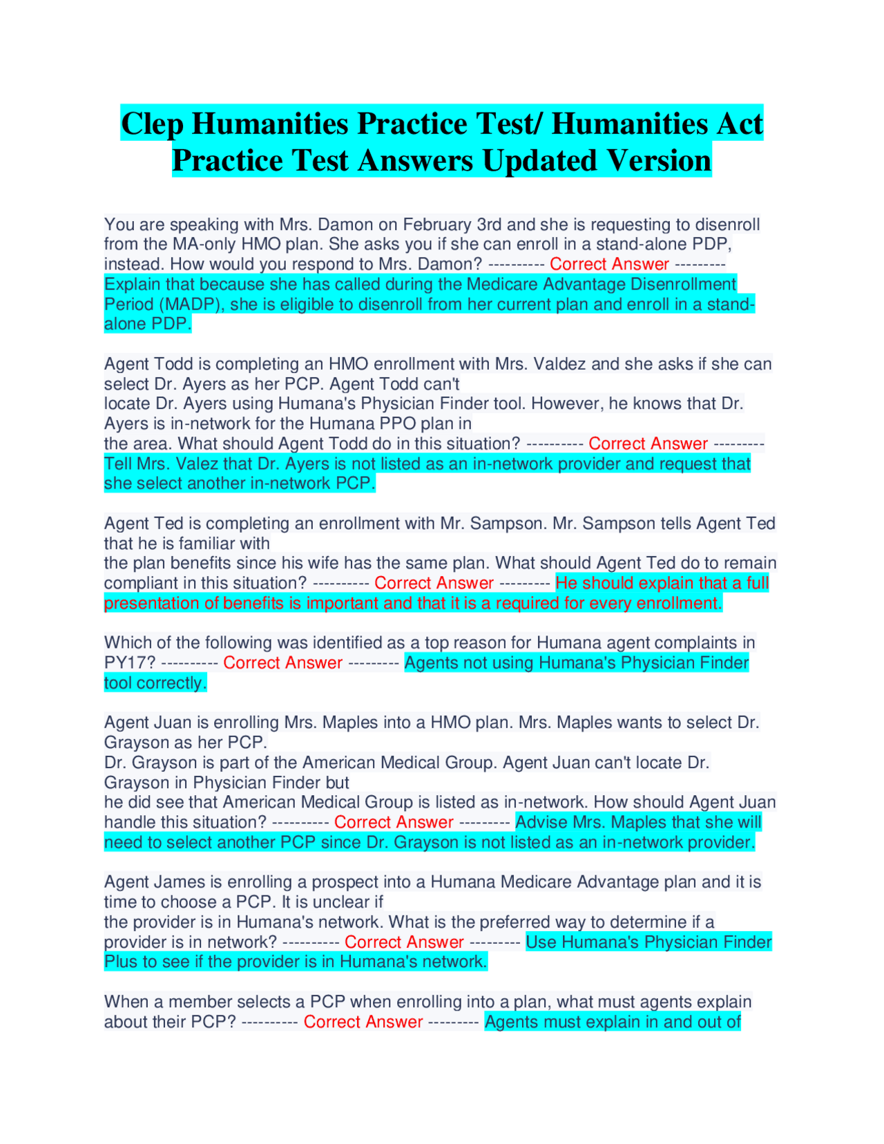 Clep Humanities Practice Test/ Humanities Act Practice Test Answers ...